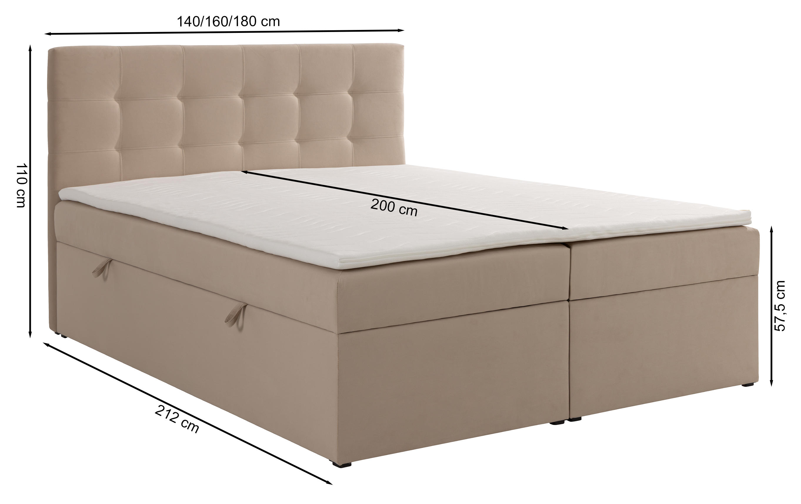 Kontinentales Bett 180x200 cm Ronneo mit Stauraum und Topper, dunkelblauer Samt
