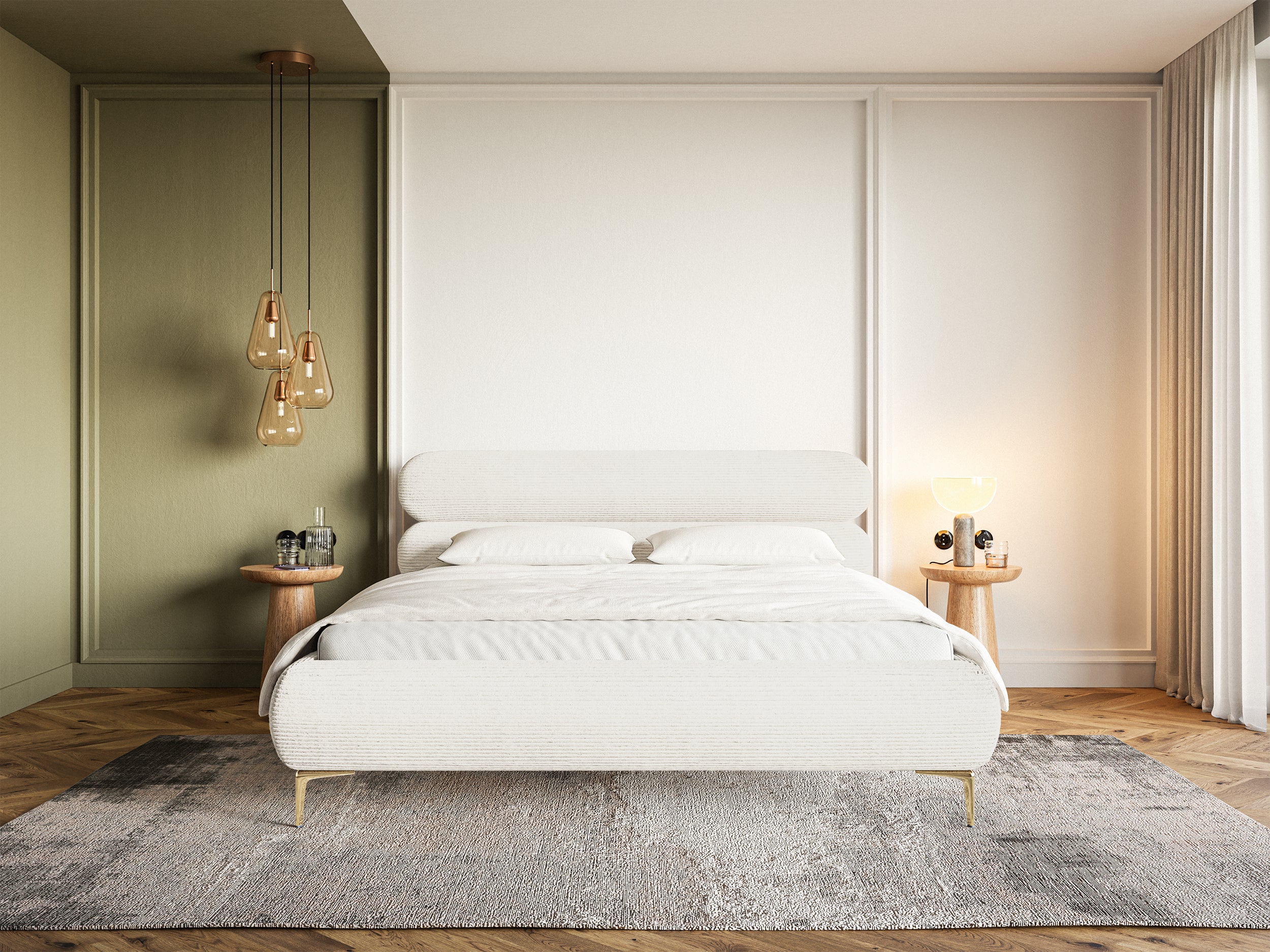 Gepolstertes Bett 160x200 cm Roule Cord creme Cord Stoff, goldene Beine