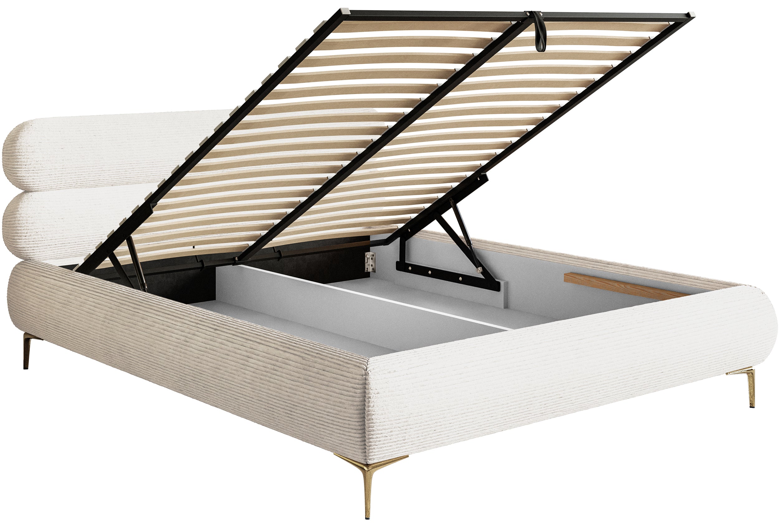 Gepolstertes Bett 160x200 cm Roule Cord mit Stauraum, Metallrahmen, cremefarbener Cord, goldene Beine