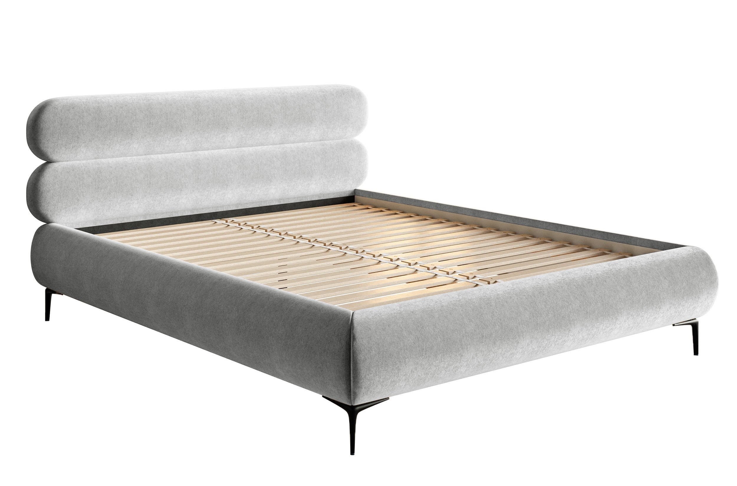 Polsterbett 140x200 cm Roule hellgrauer Velours, wasserabweisend, schwarze Beine