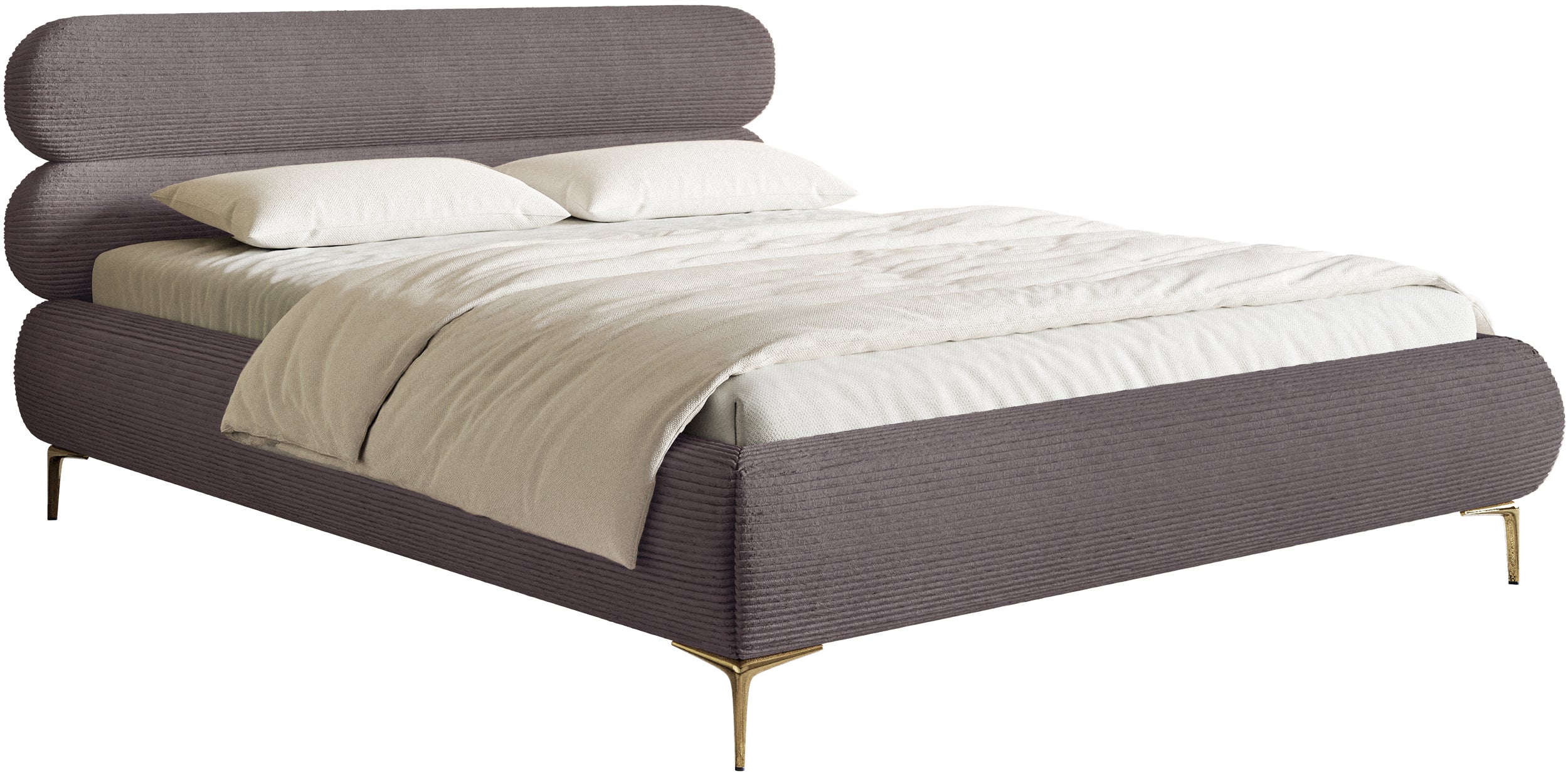 Polsterbett 160x200 cm Roule Cord mit Stauraum, Metallrahmen, brauner Cordstoff, goldene Beine