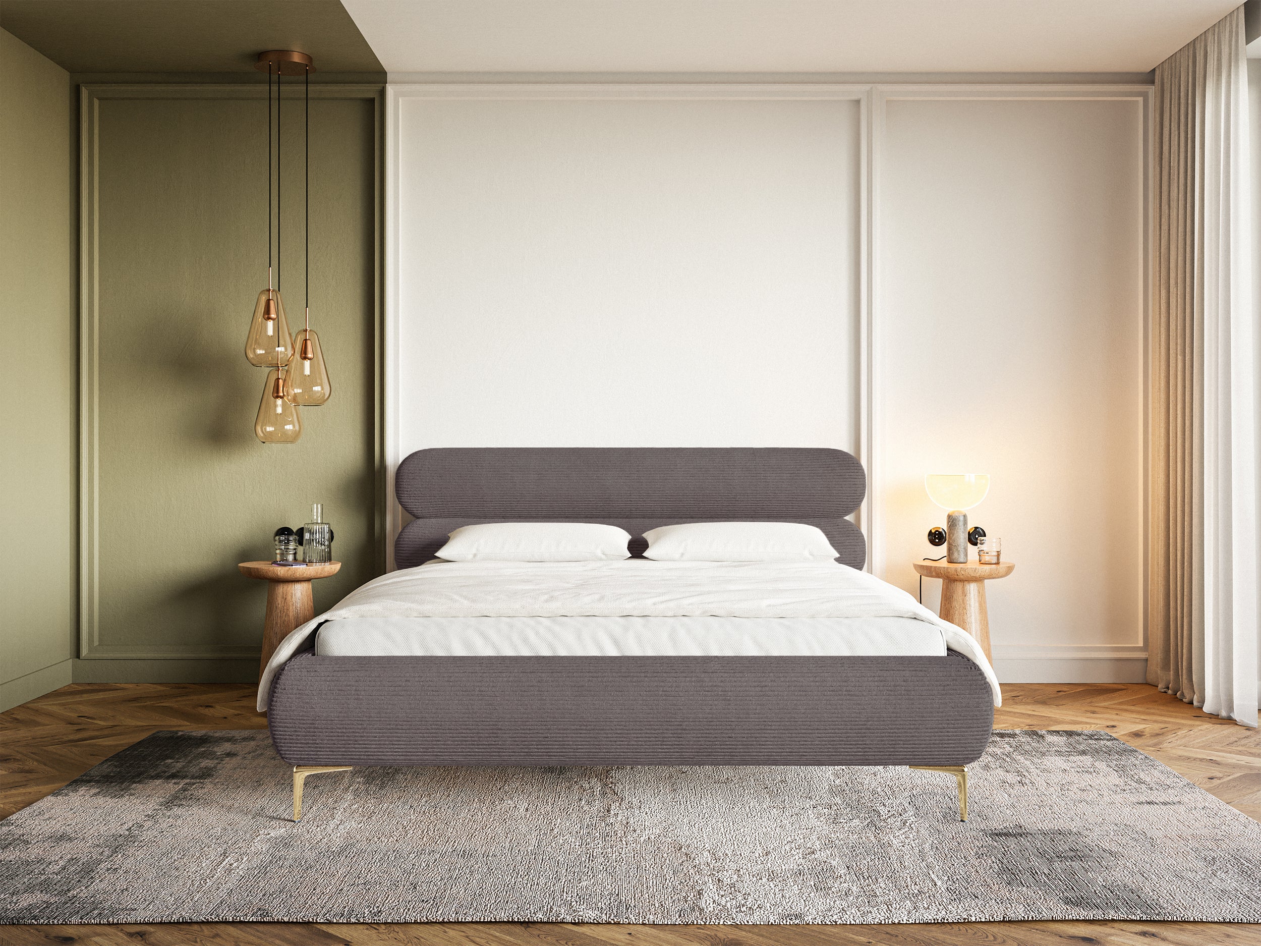 Polsterbett 160x200 cm Roule Cord mit Stauraum, Metallrahmen, brauner Cordstoff, goldene Beine