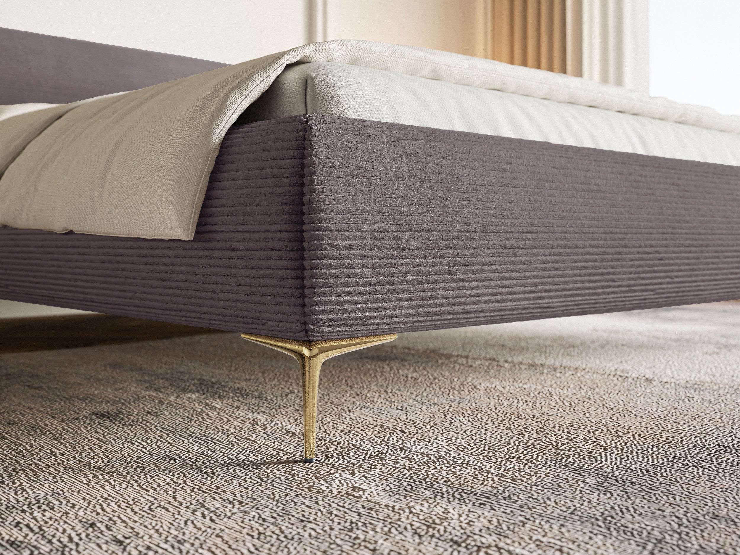 Polsterbett 160x200 cm Roule Cord mit Stauraum, Metallrahmen, brauner Cordstoff, goldene Beine