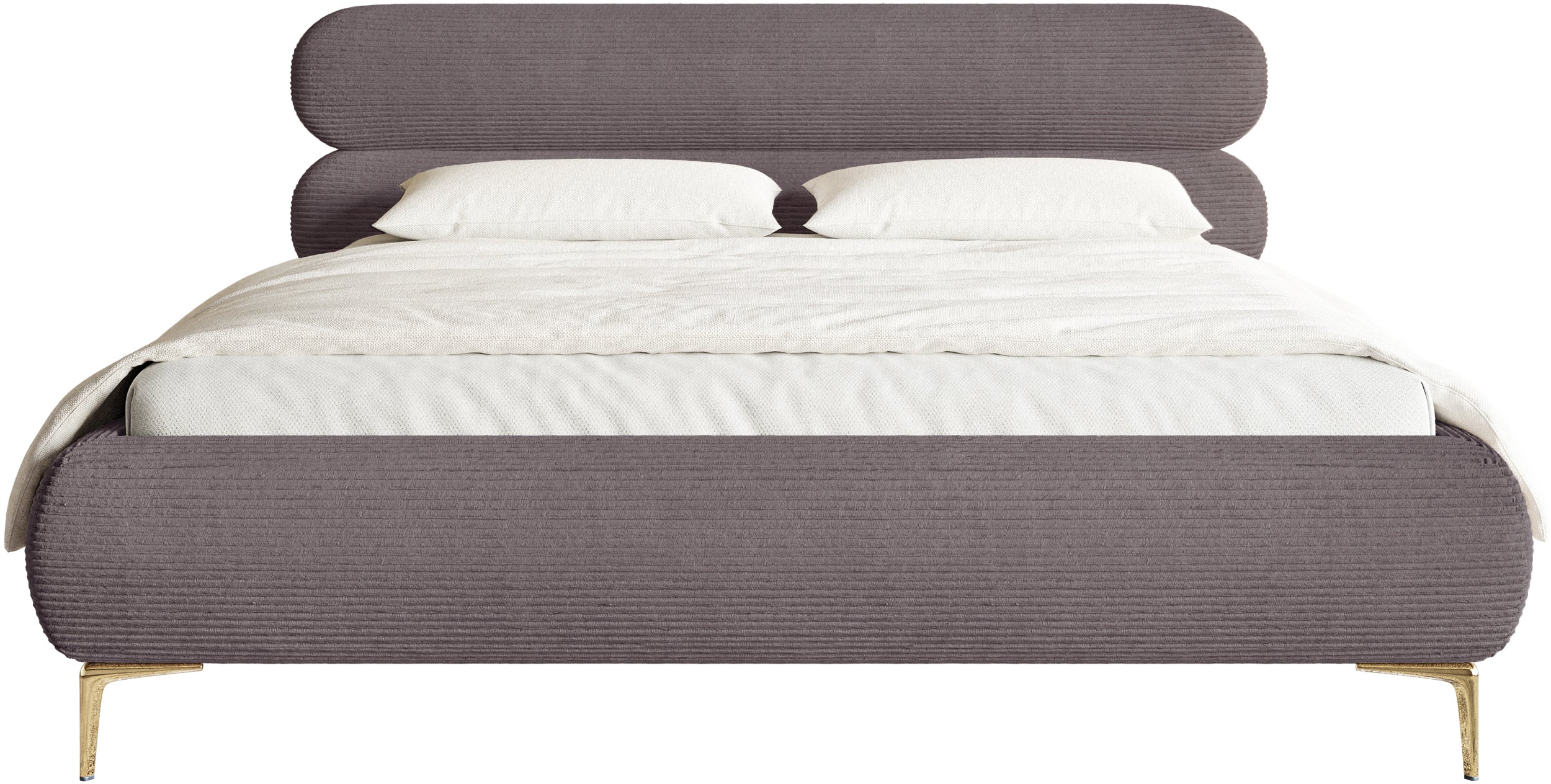 Polsterbett 160x200 cm Roule Cord mit Stauraum, Metallrahmen, brauner Cordstoff, goldene Beine