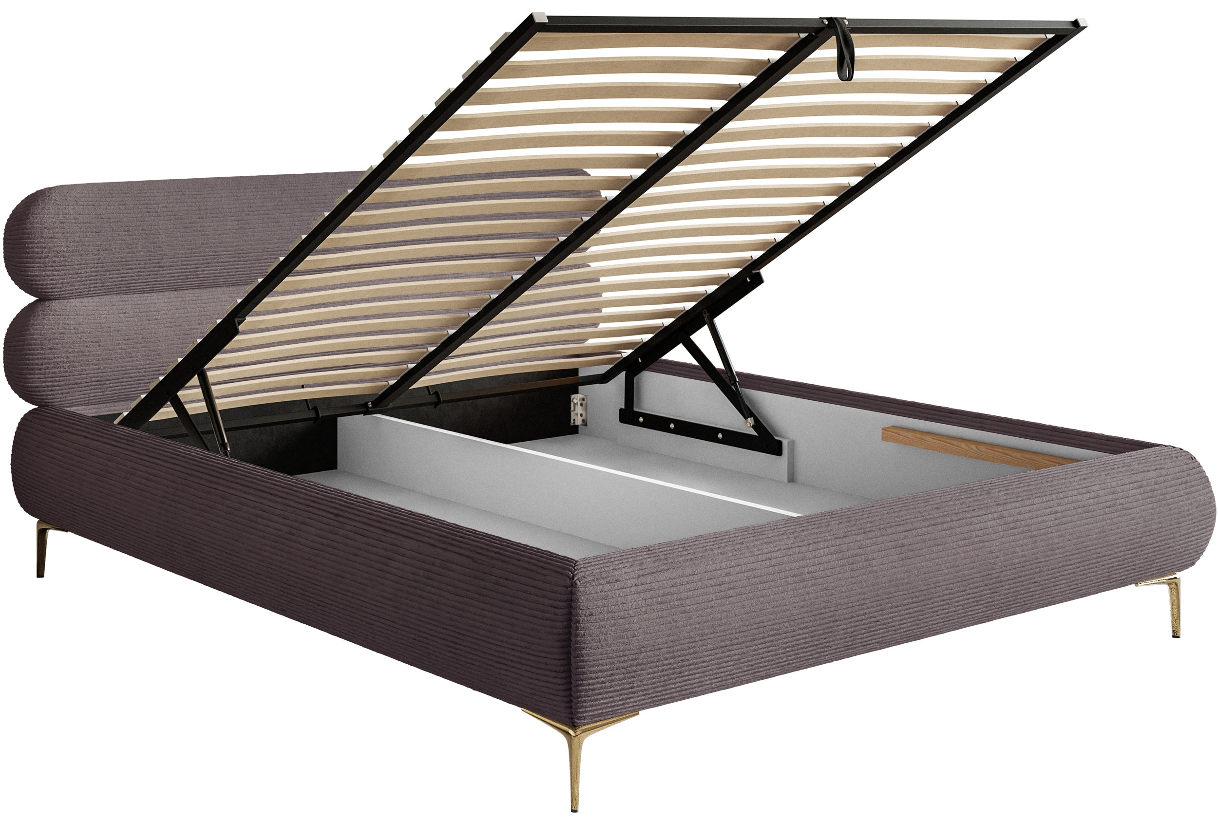 Polsterbett 160x200 cm Roule Cord mit Stauraum, Metallrahmen, brauner Cordstoff, goldene Beine