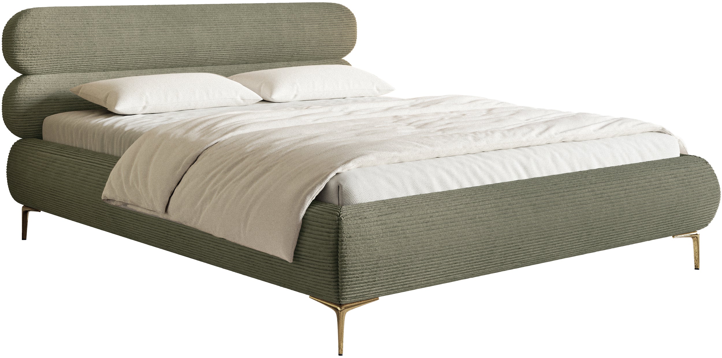 Polsterbett 180x200 cm Roule Cord olivgrüner Cordstoff, goldene Beine