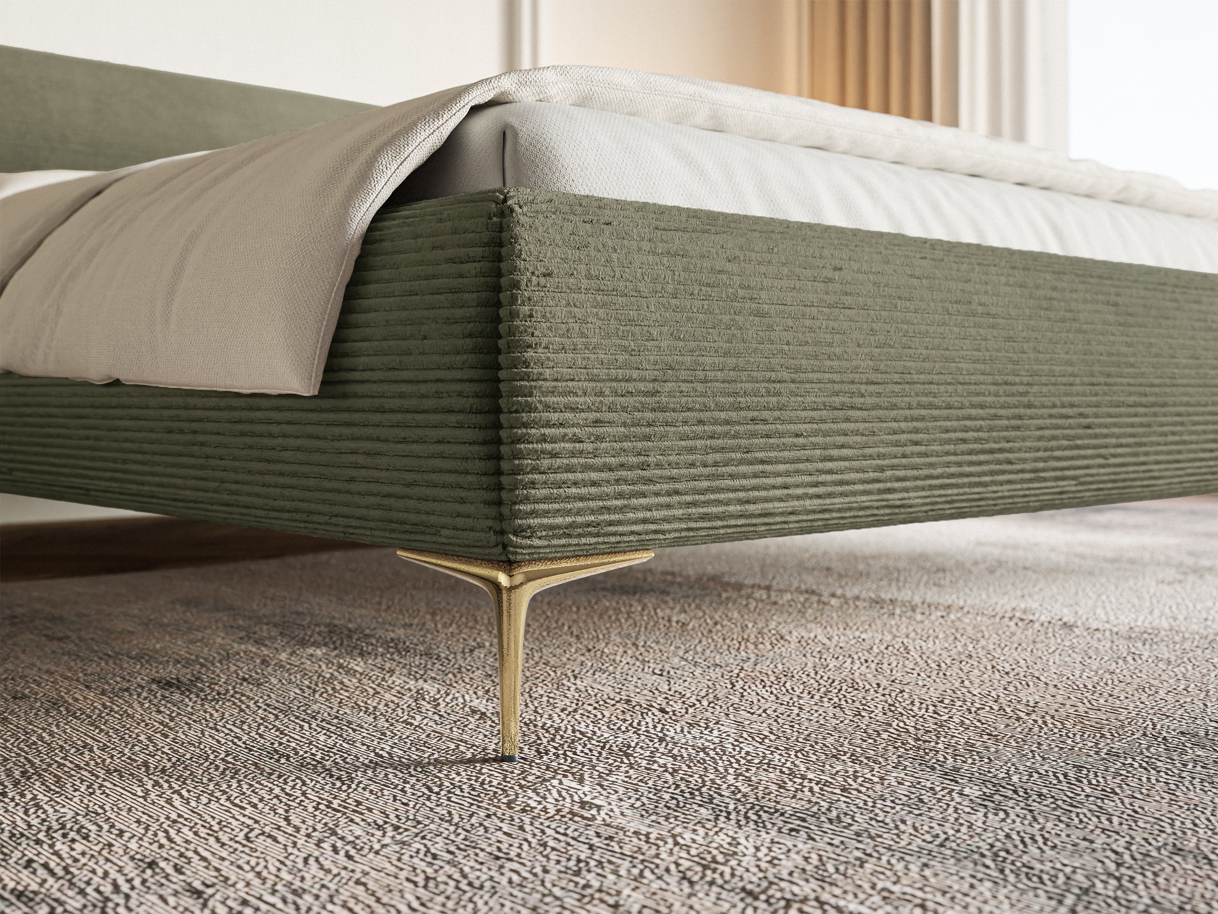 Polsterbett 180x200 cm Roule Cord olivgrüner Cordstoff, goldene Beine