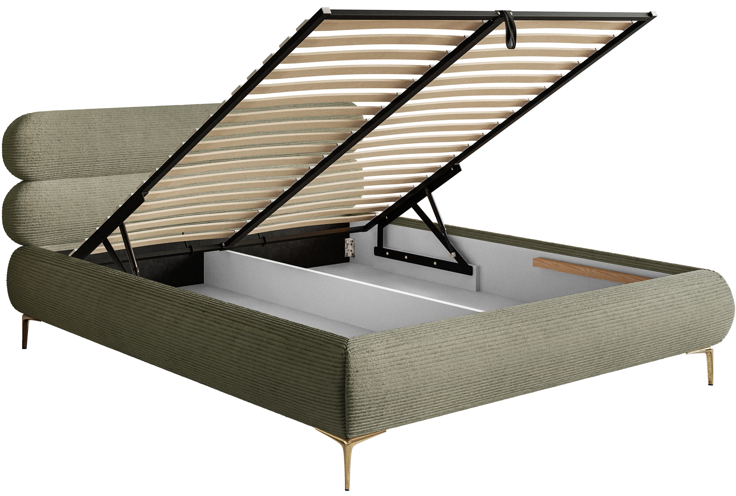 Gepolstertes Bett 140x200 cm Roule Cord mit Stauraum, Metallrahmen, olivgrüner Cord, goldene Beine