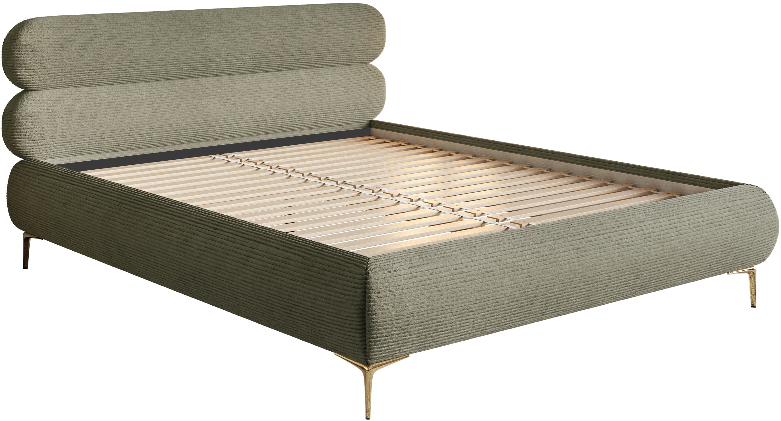 Polsterbett 180x200 cm Roule Cord olivgrüner Cordstoff, goldene Beine