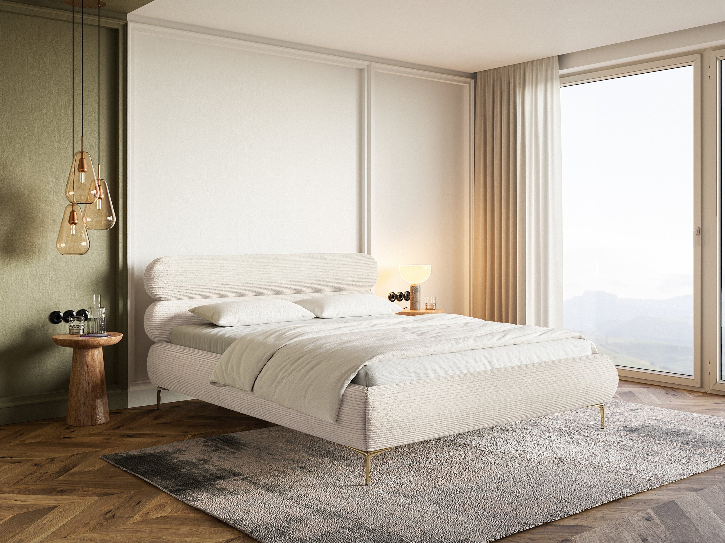Polsterbett 140x200 cm Roule Cord mit Stauraum, Metallrahmen, hellbeige Cord, goldene Beine