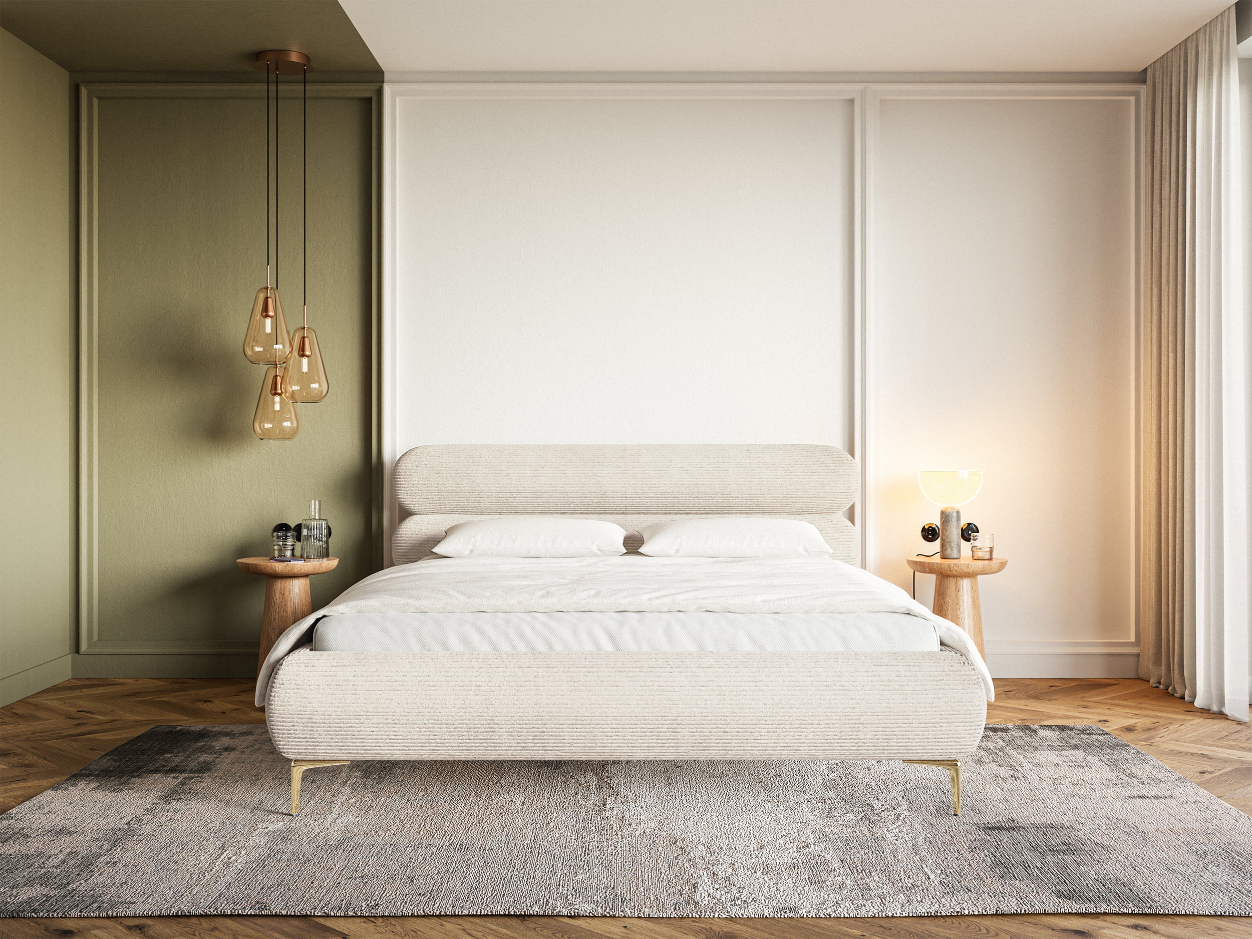 Polsterbett 140x200 cm Roule Cord mit Stauraum, Metallrahmen, hellbeige Cord, goldene Beine