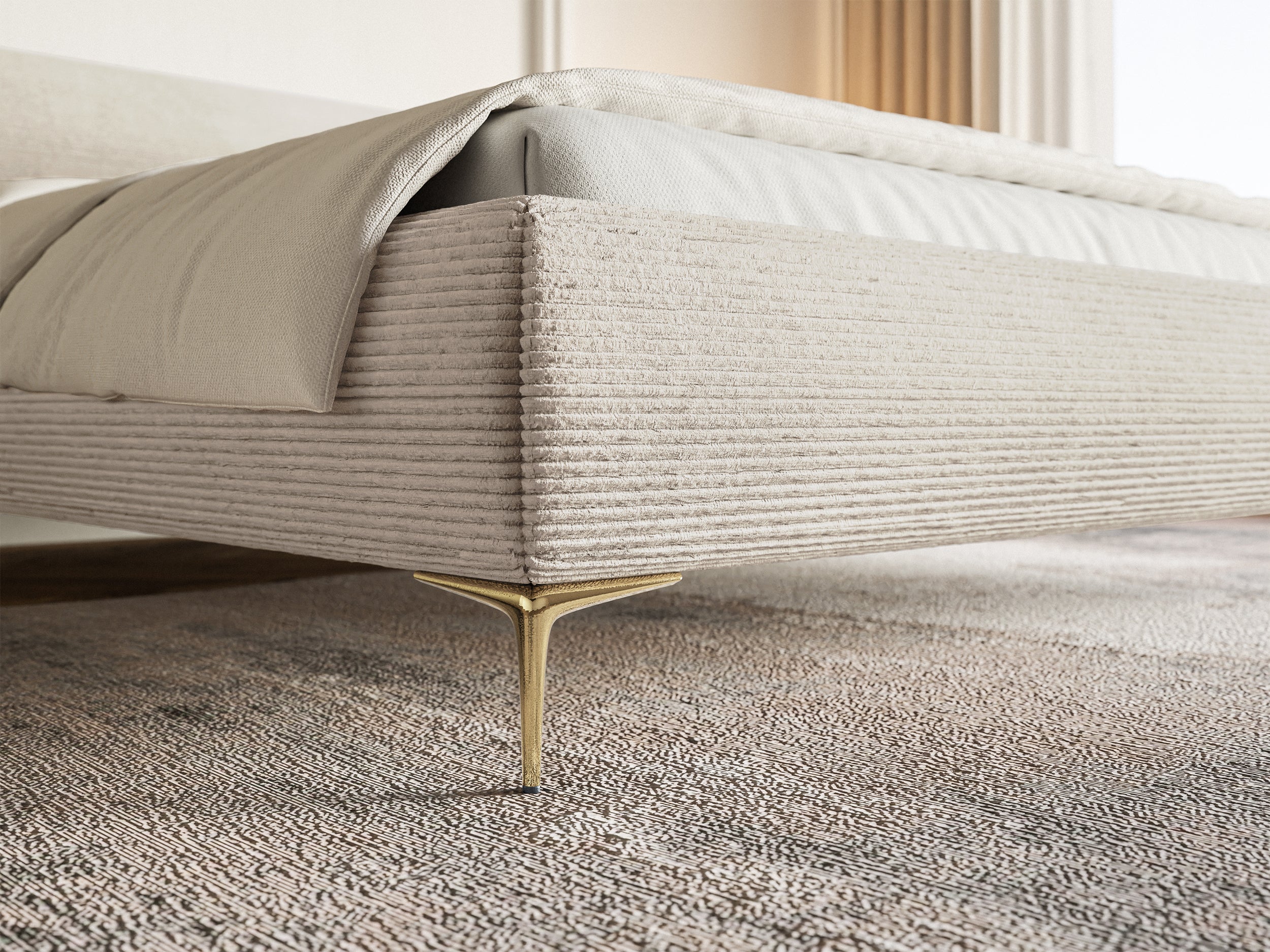 Polsterbett 140x200 cm Roule Cord mit Stauraum, Metallrahmen, hellbeige Cord, goldene Beine