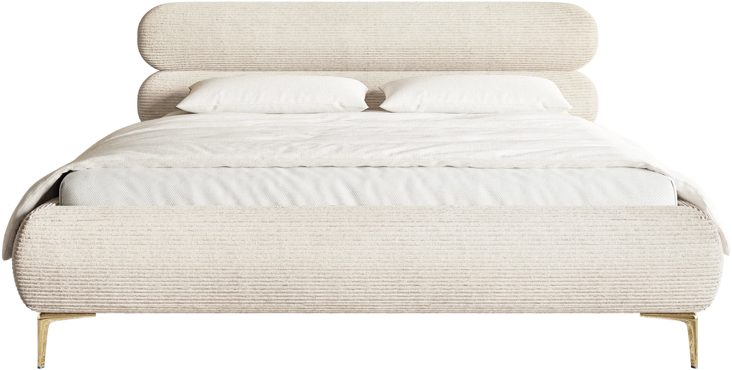 Polsterbett 140x200 cm Roule Cord mit Stauraum, Metallrahmen, hellbeige Cord, goldene Beine