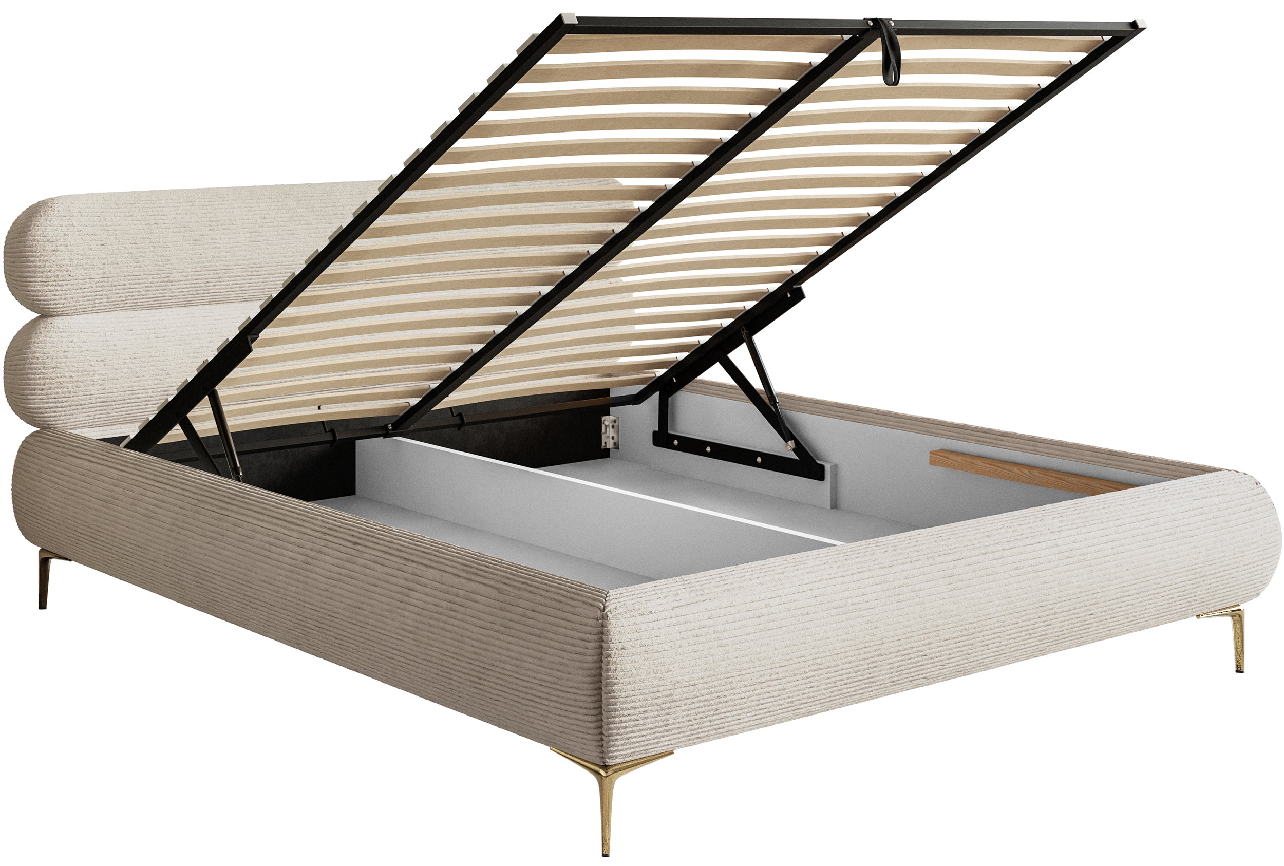 Polsterbett 140x200 cm Roule Cord mit Stauraum, Metallrahmen, hellbeige Cord, goldene Beine