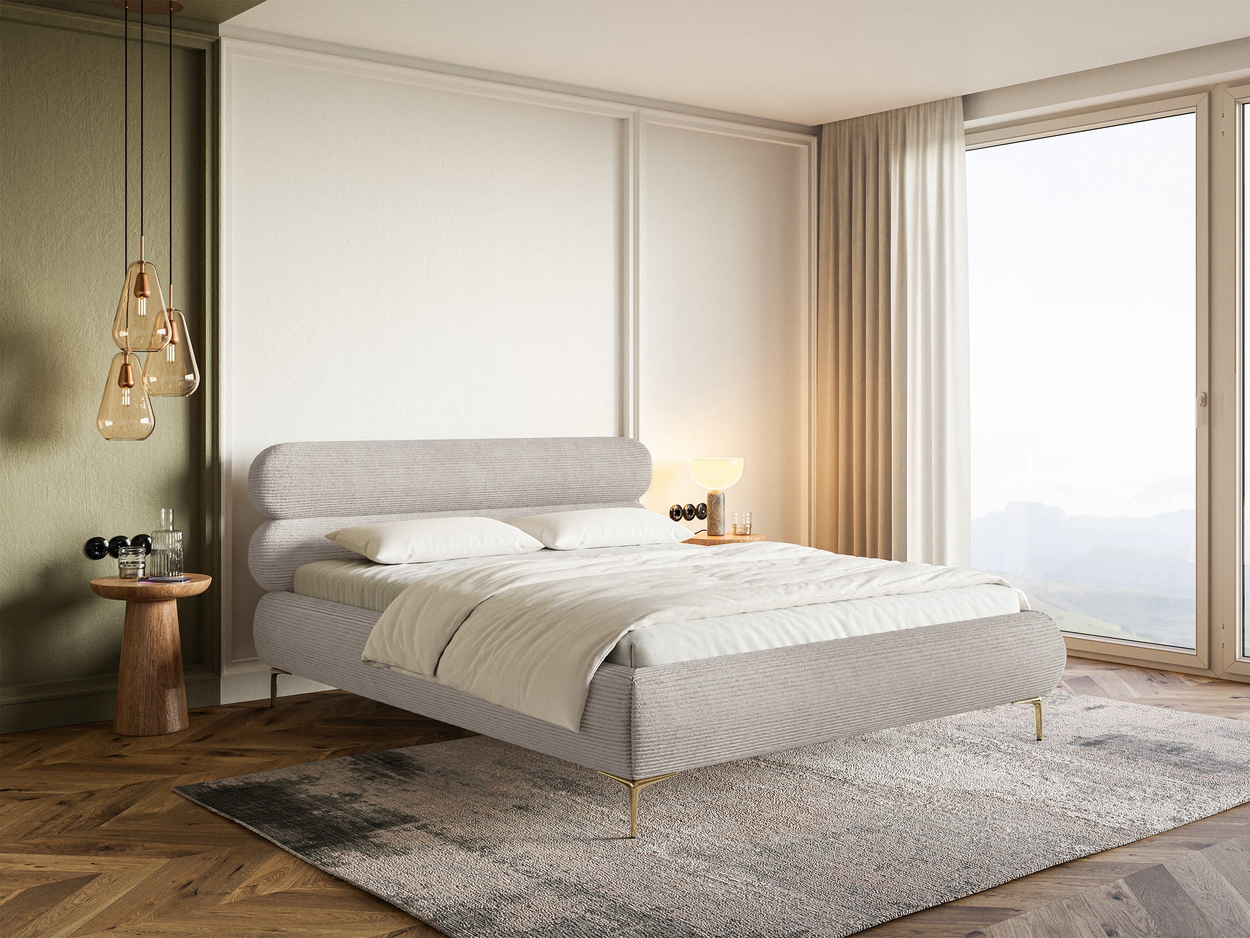 Polsterbett 180x200 cm Roule Cord grau-beige Cordstoff, goldene Beine