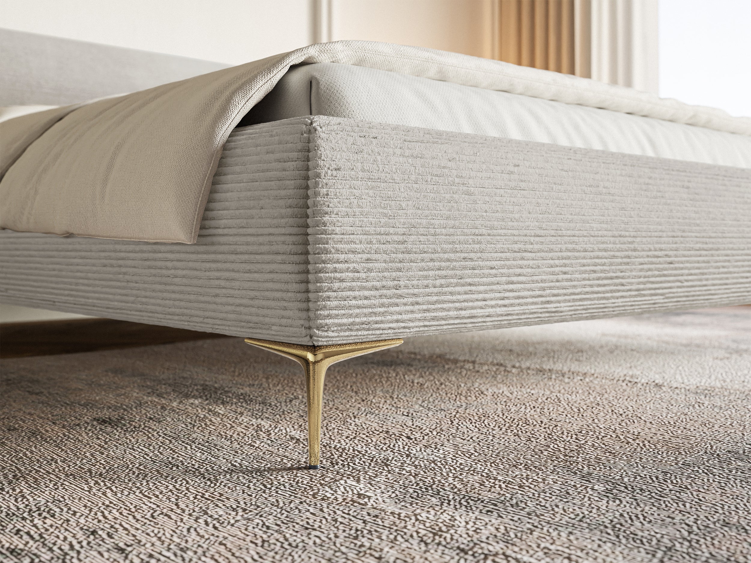 Gepolstertes Bett 140x200 cm Roule Cord, grau-beige Cordstoff, goldene Beine