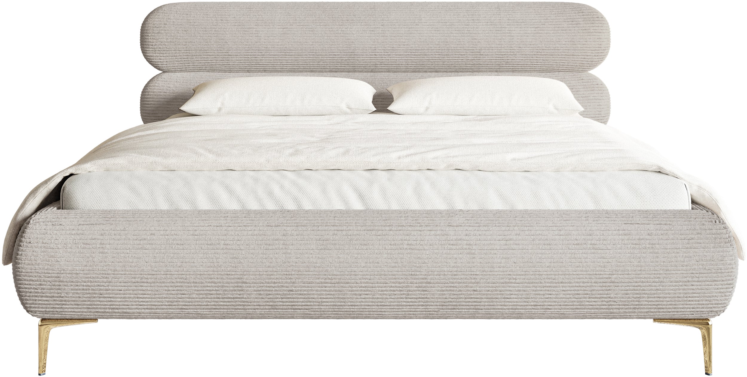 Gepolstertes Bett 140x200 cm Roule Cord, grau-beige Cordstoff, goldene Beine