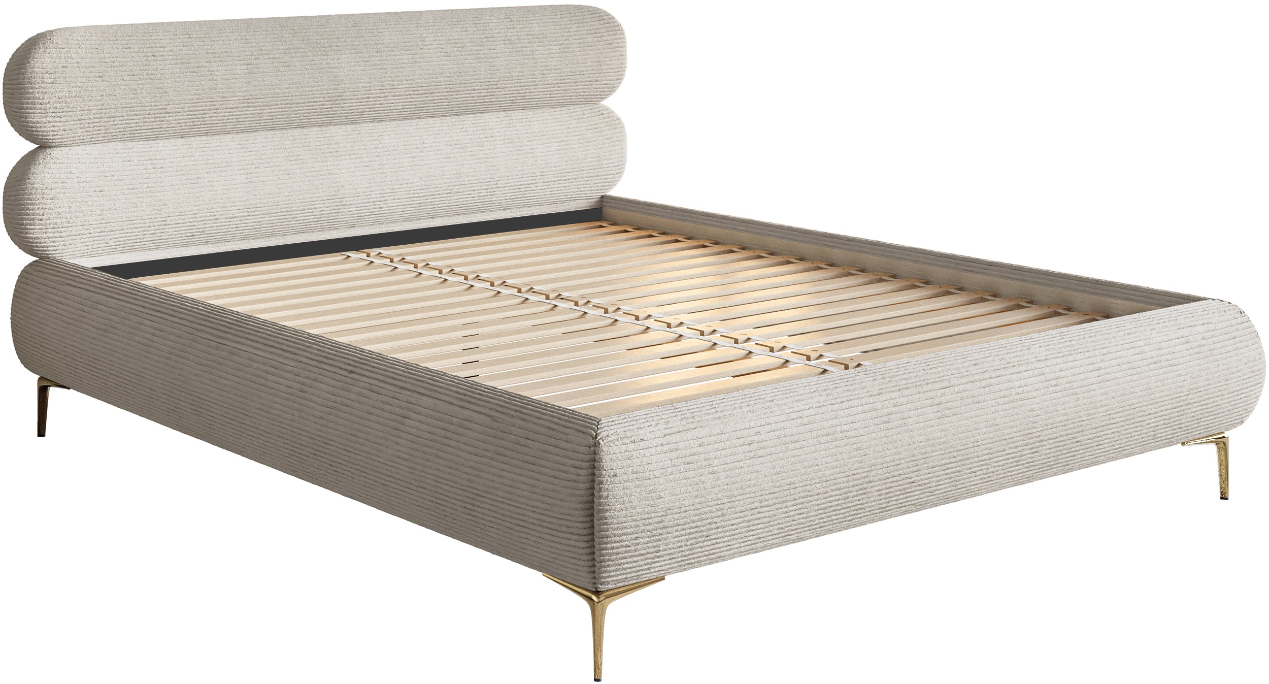 Gepolstertes Bett 140x200 cm Roule Cord, grau-beige Cordstoff, goldene Beine