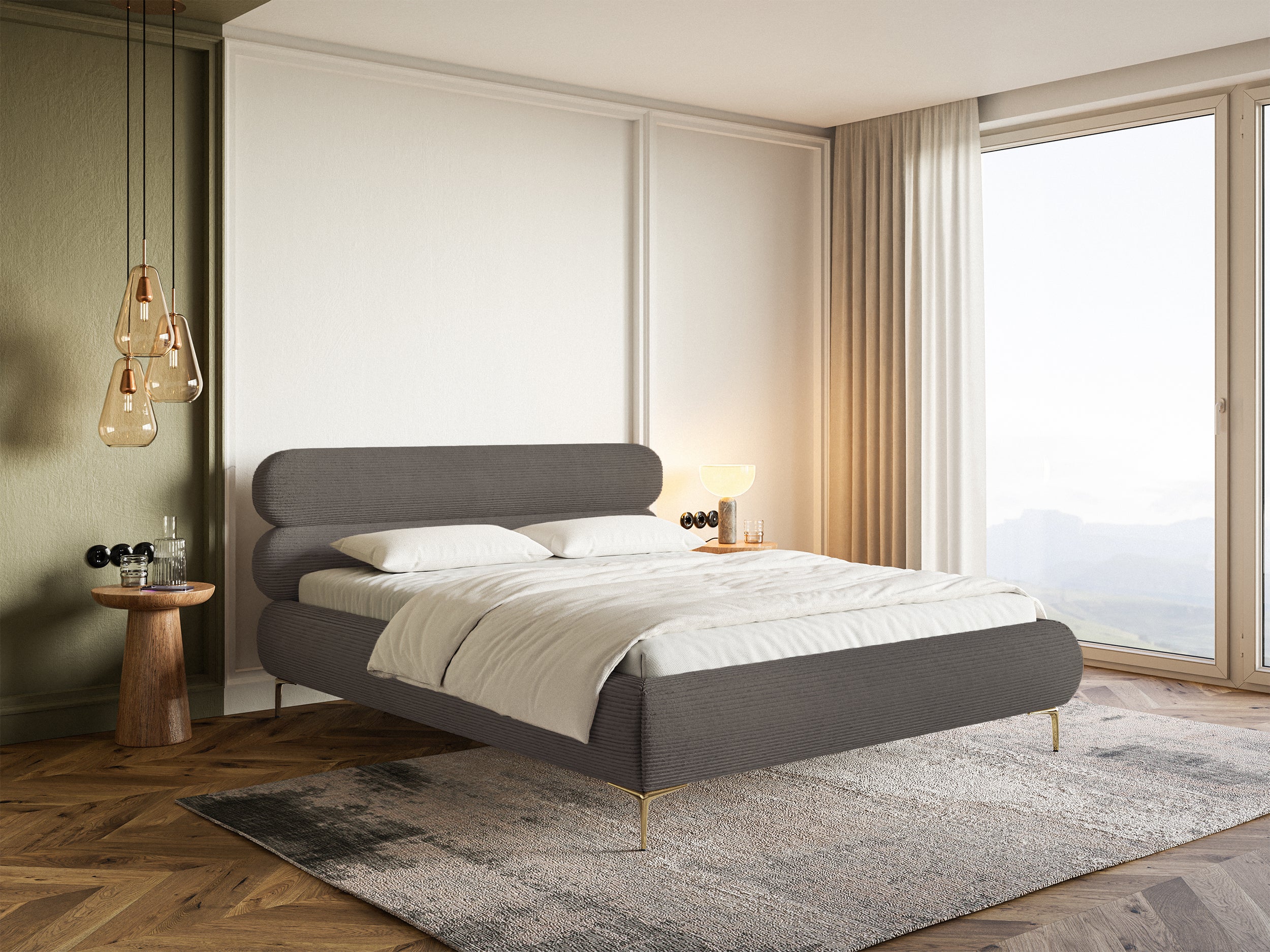 Polsterbett 180x200 cm Roule Cord grau Cord Samt goldene Beine