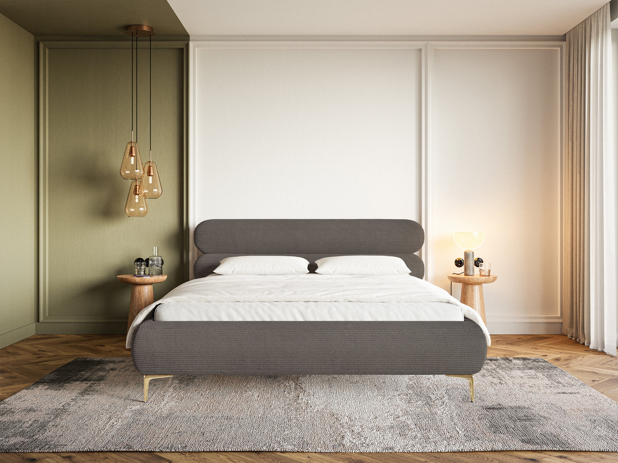Polsterbett 180x200 cm Roule Cord grau Cord Samt goldene Beine