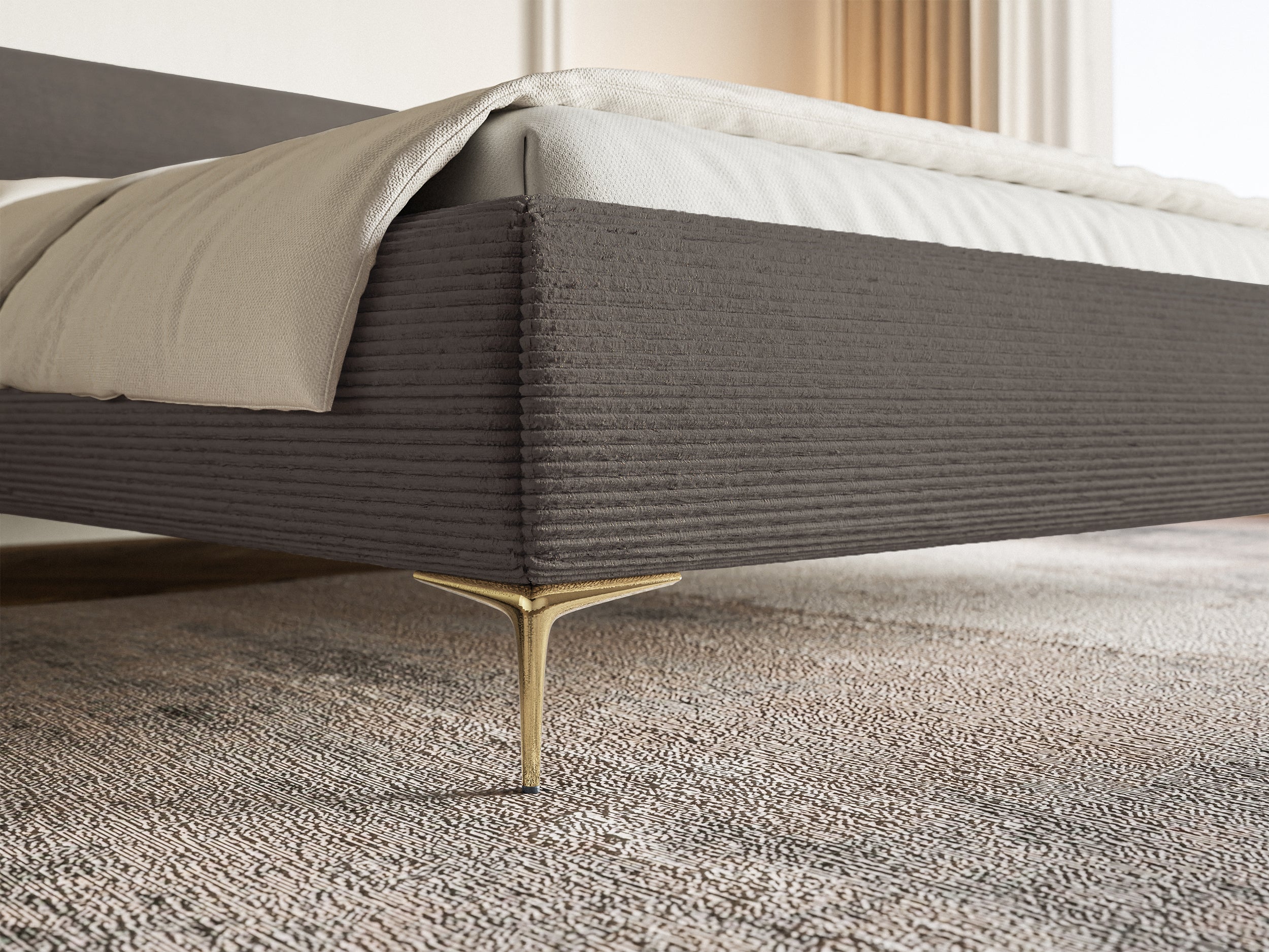 Polsterbett 180x200 cm Roule Cord grau Cord Samt goldene Beine