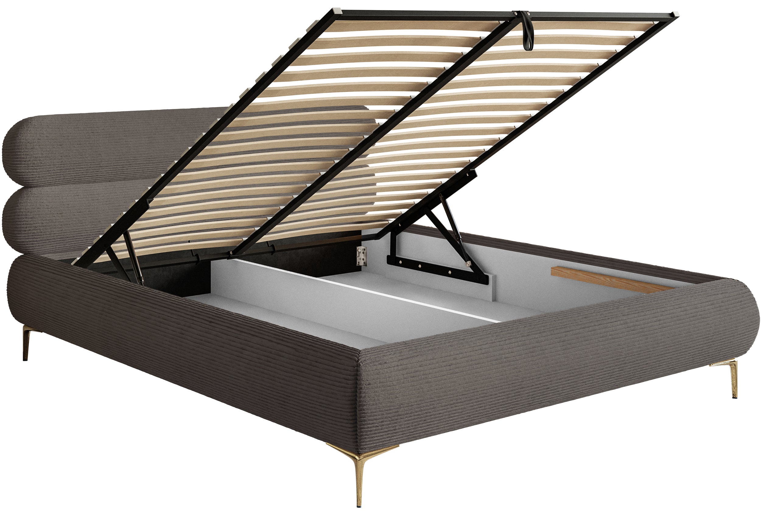 Gepolstertes Bett 180x200 cm Roule Cord mit Stauraum, Metallrahmen, grauer Cordstoff, goldene Beine