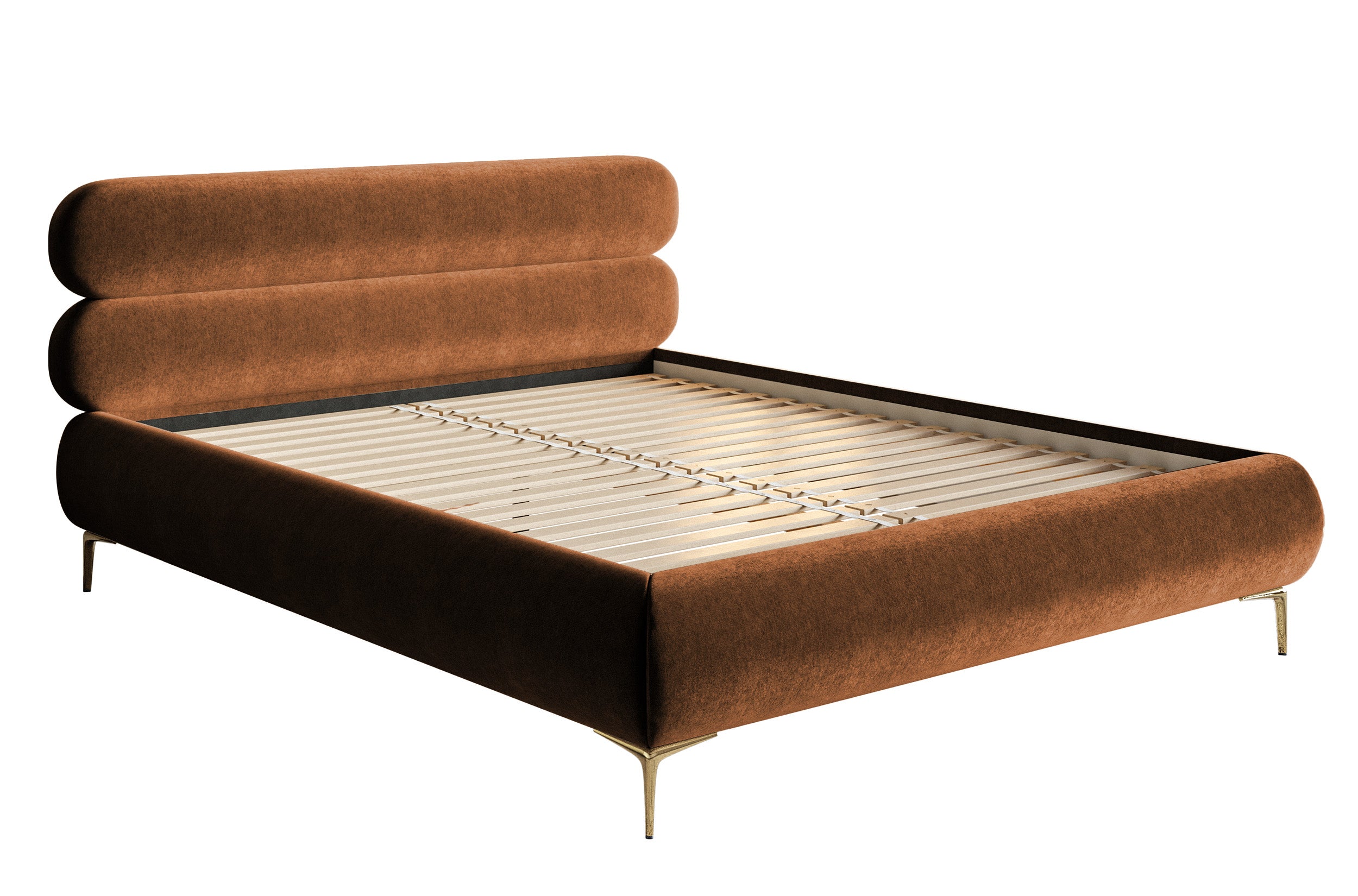 Polsterbett 160x200 cm Roule kupferfarbener Samt, wasserabweisend, goldene Beine