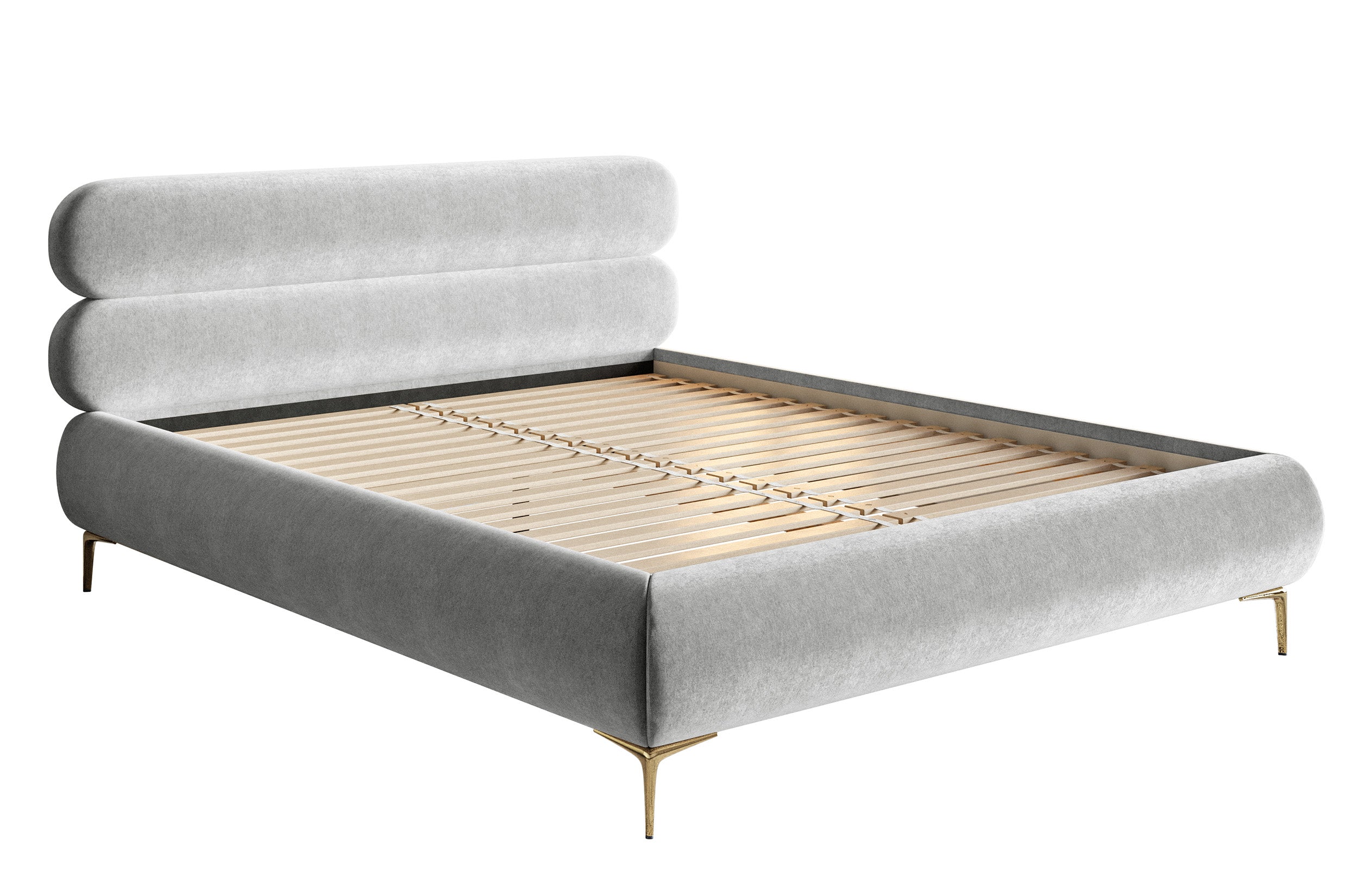 Polsterbett 140x200 cm Roule hellgrauer Velours, wasserabweisend, goldene Beine
