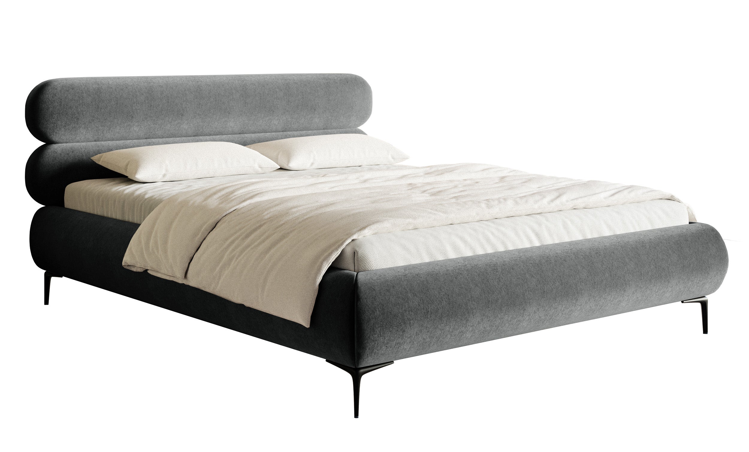 Gepolstertes Bett 160x200 cm Roule mit Stauraum, Metallrahmen, grauer wasserabweisender Samt, schwarze Beine