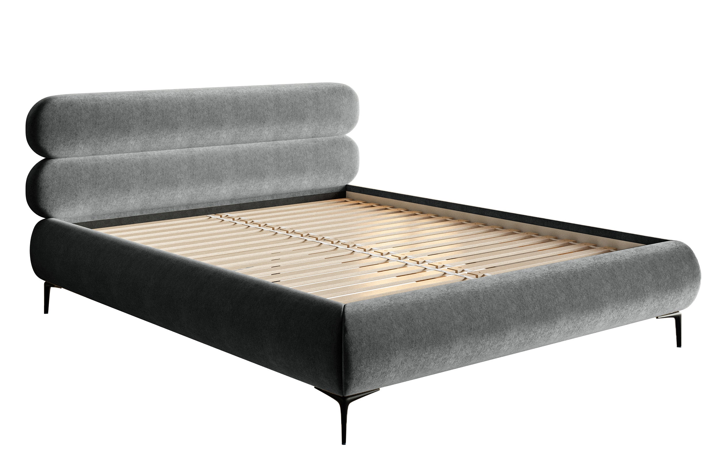 Gepolstertes Bett 140x200 cm Roule, grauer Velours, wasserabweisend, schwarze Beine