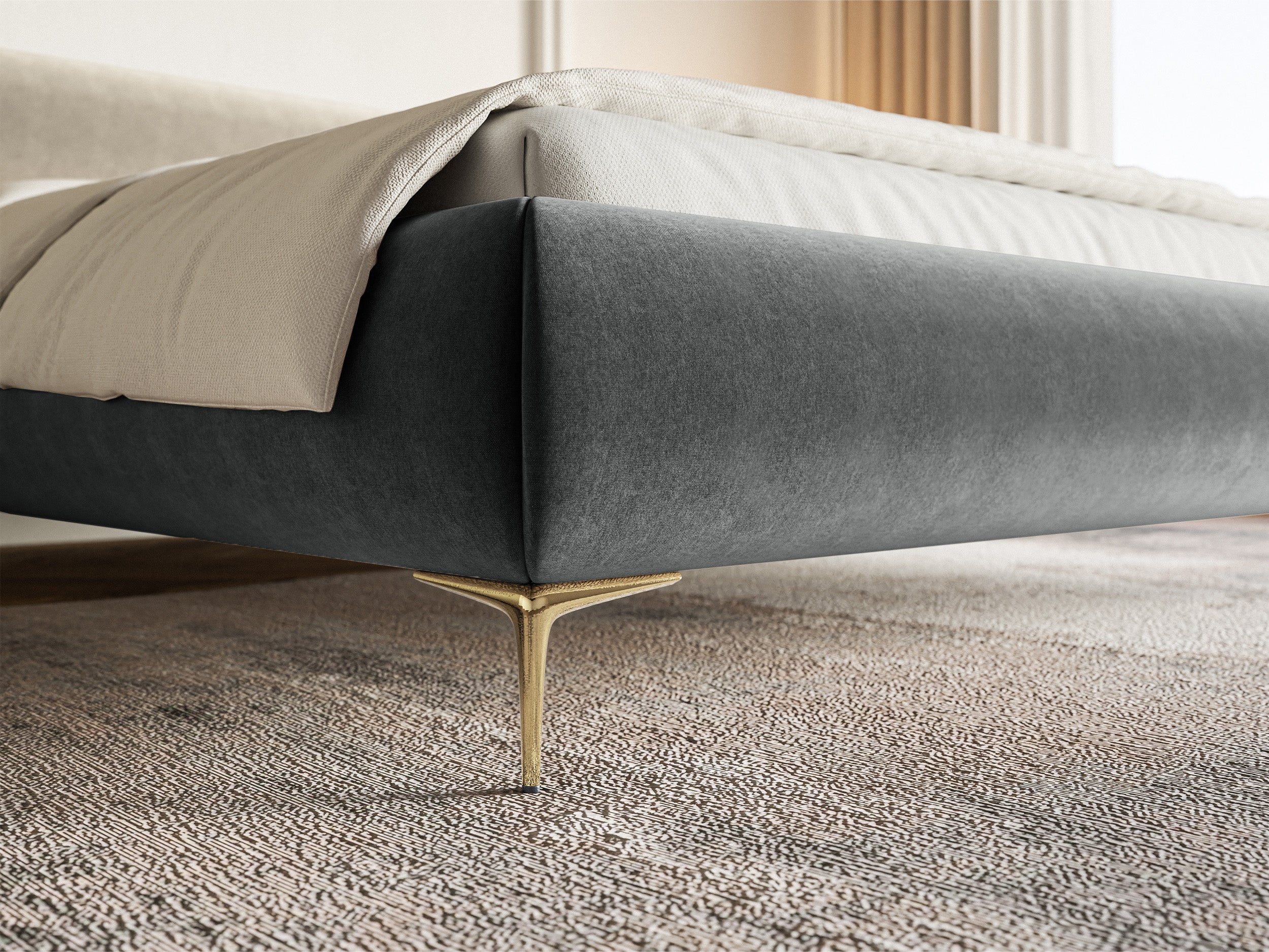 Gepolstertes Bett 140x200 cm Roule, grauer Velours, wasserabweisend, goldene Beine