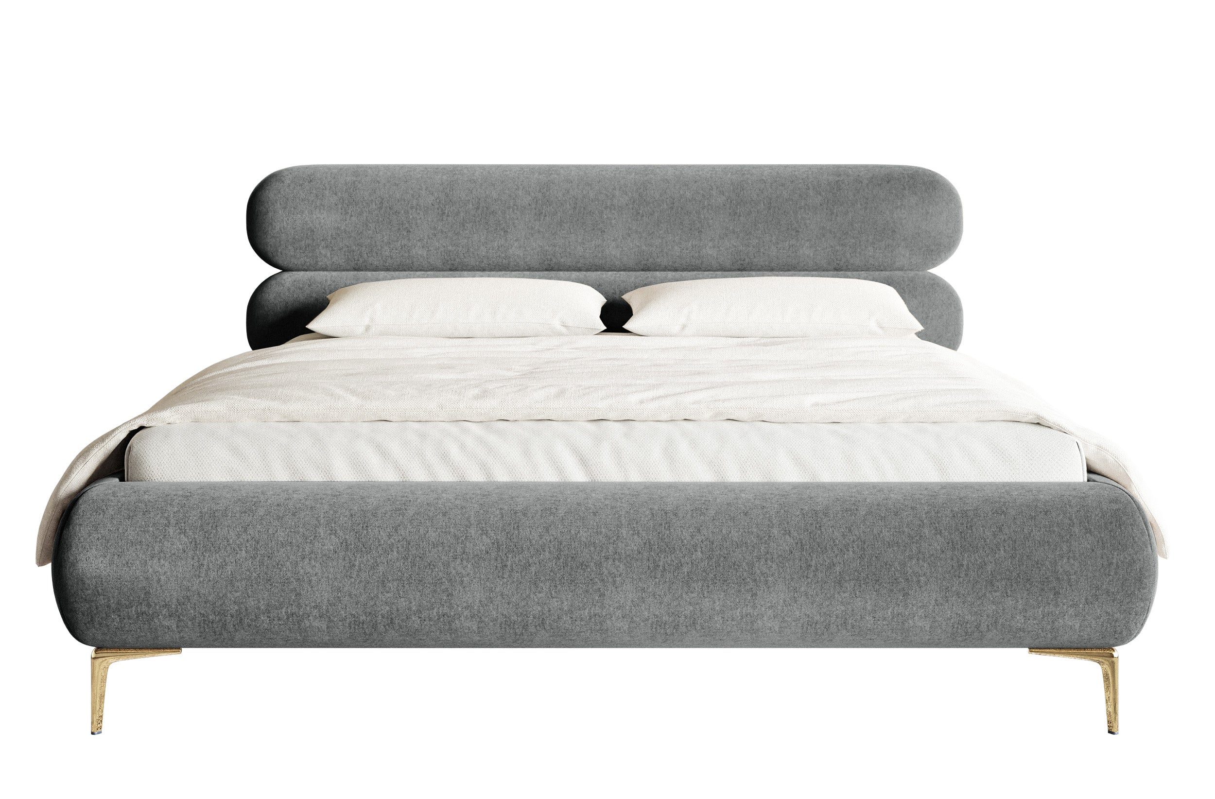 Gepolstertes Bett 140x200 cm Roule, grauer Velours, wasserabweisend, goldene Beine