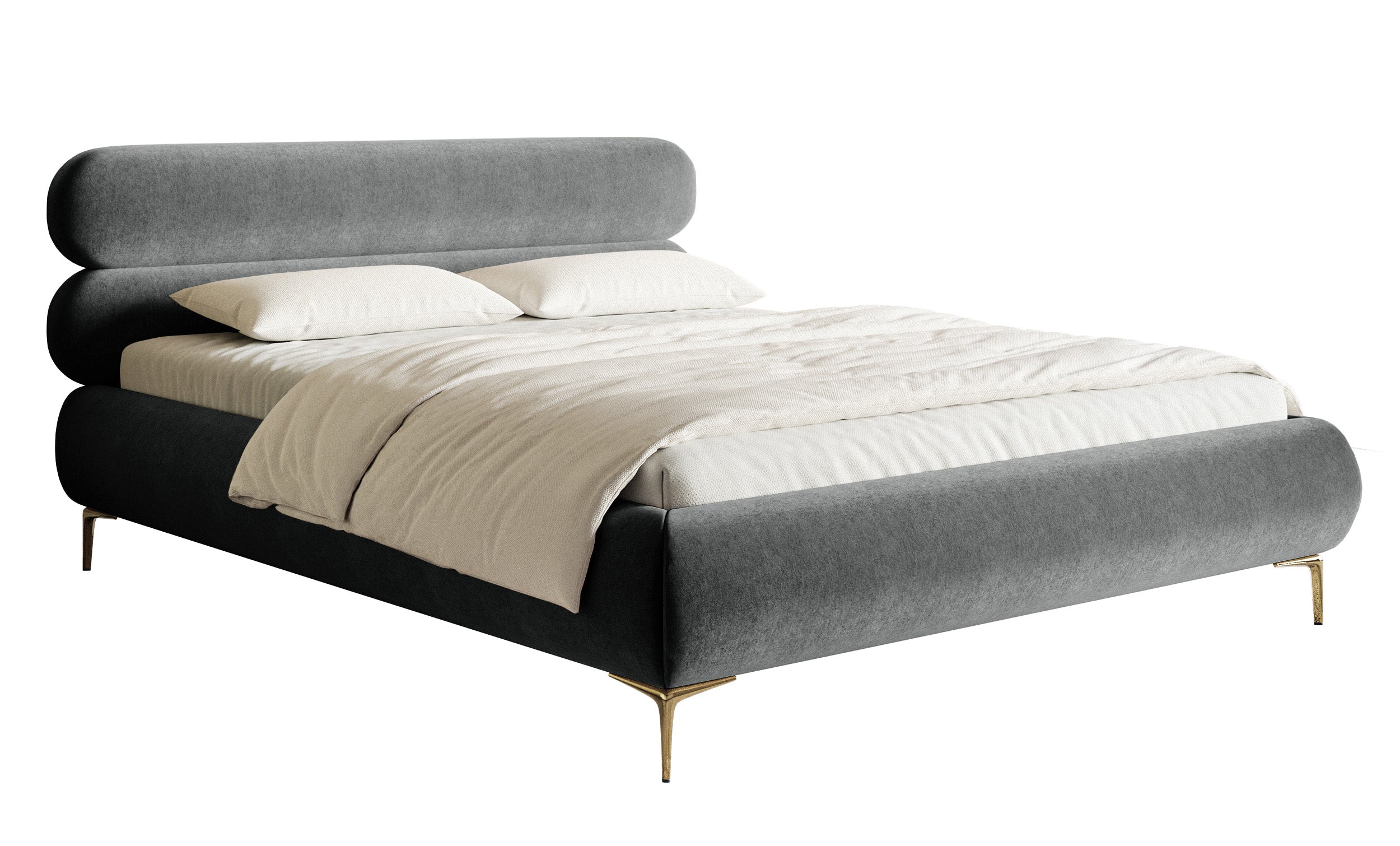 Gepolstertes Bett 140x200 cm Roule, grauer Velours, wasserabweisend, goldene Beine
