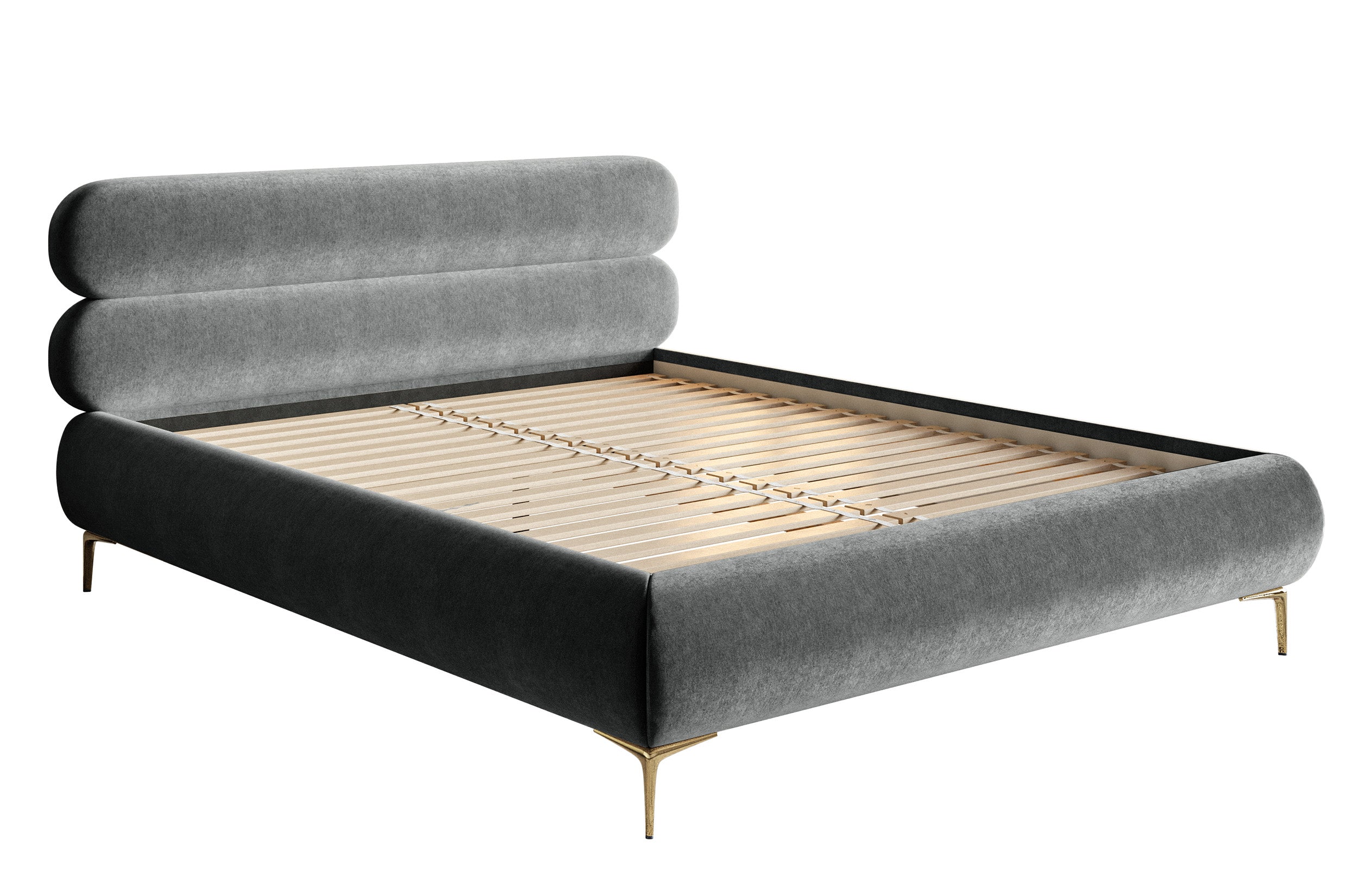 Gepolstertes Bett 140x200 cm Roule, grauer Velours, wasserabweisend, goldene Beine
