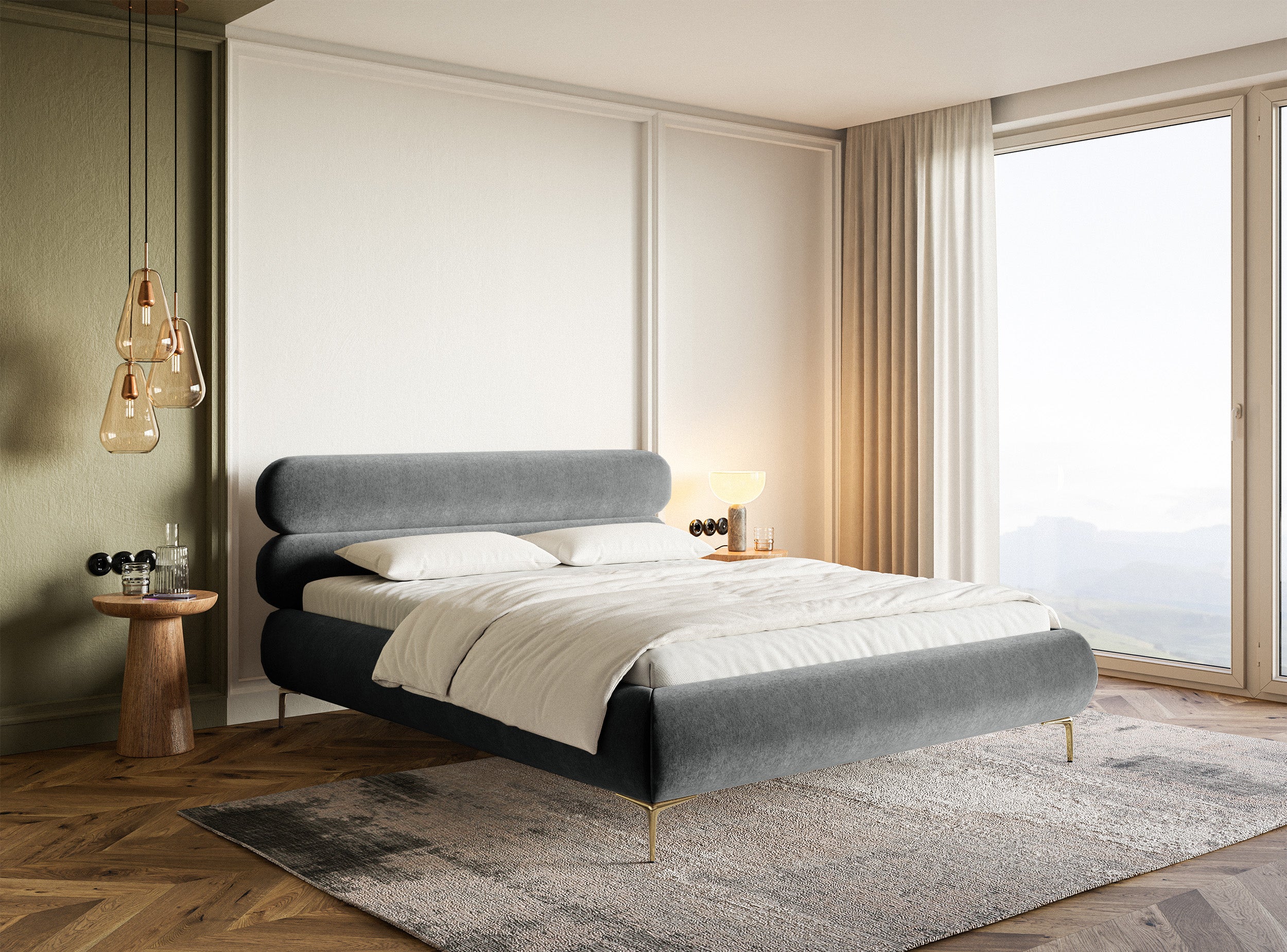 Gepolstertes Bett 140x200 cm Roule, grauer Velours, wasserabweisend, goldene Beine