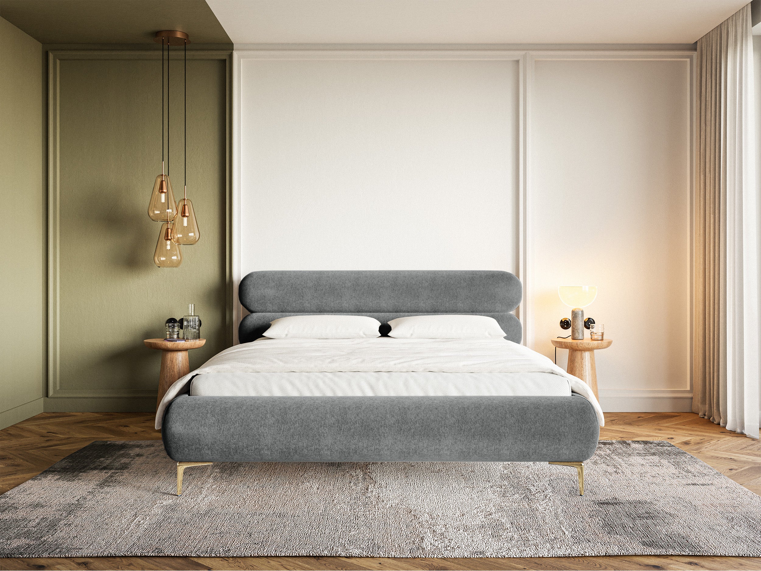 Gepolstertes Bett 140x200 cm Roule, grauer Velours, wasserabweisend, goldene Beine