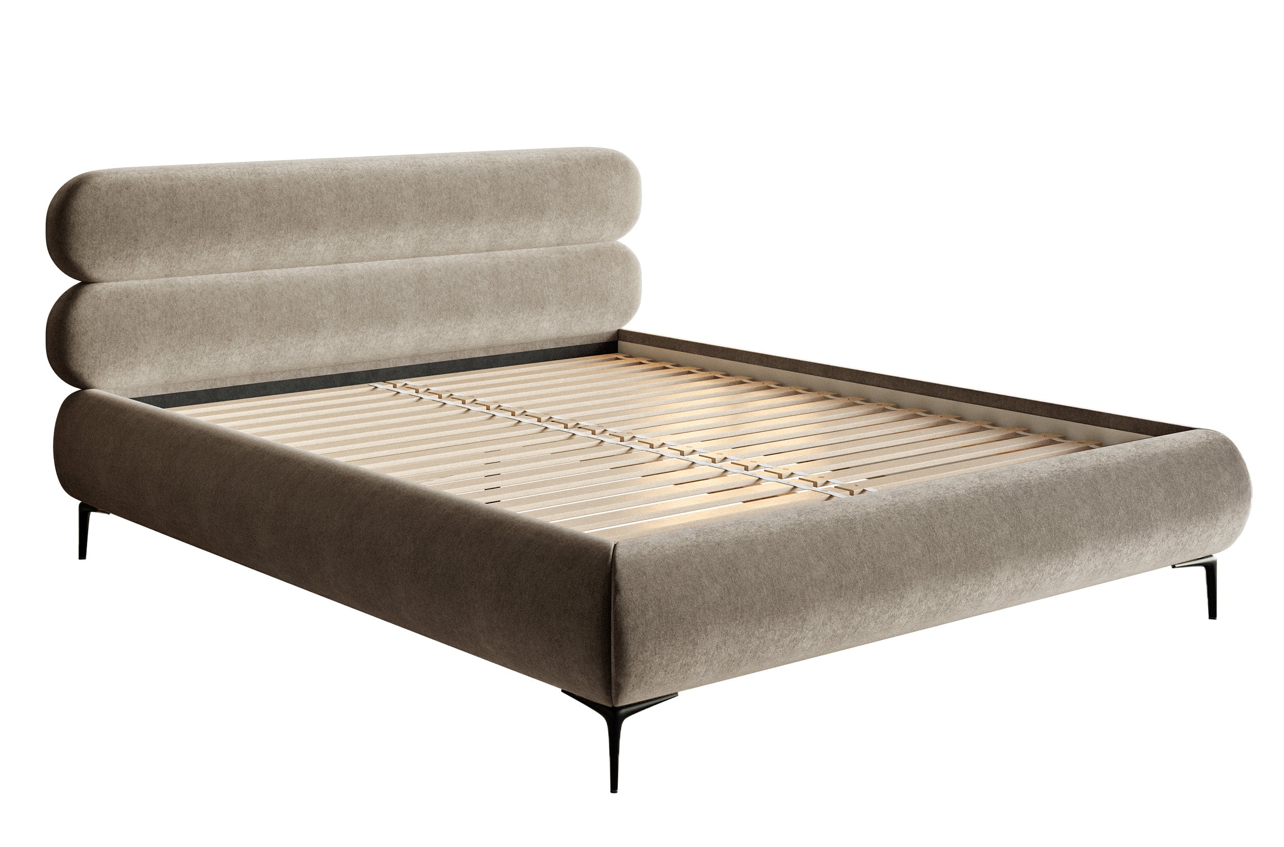 Gepolstertes Bett 160x200 cm Roule, grau-beiges Velours, wasserabweisend, schwarze Füße