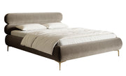 Gepolstertes Bett 160x200 cm Roule mit Stauraum, Metallrahmen, hellbeiger Samt mit wasserabweisender Beschichtung, goldene Füße
