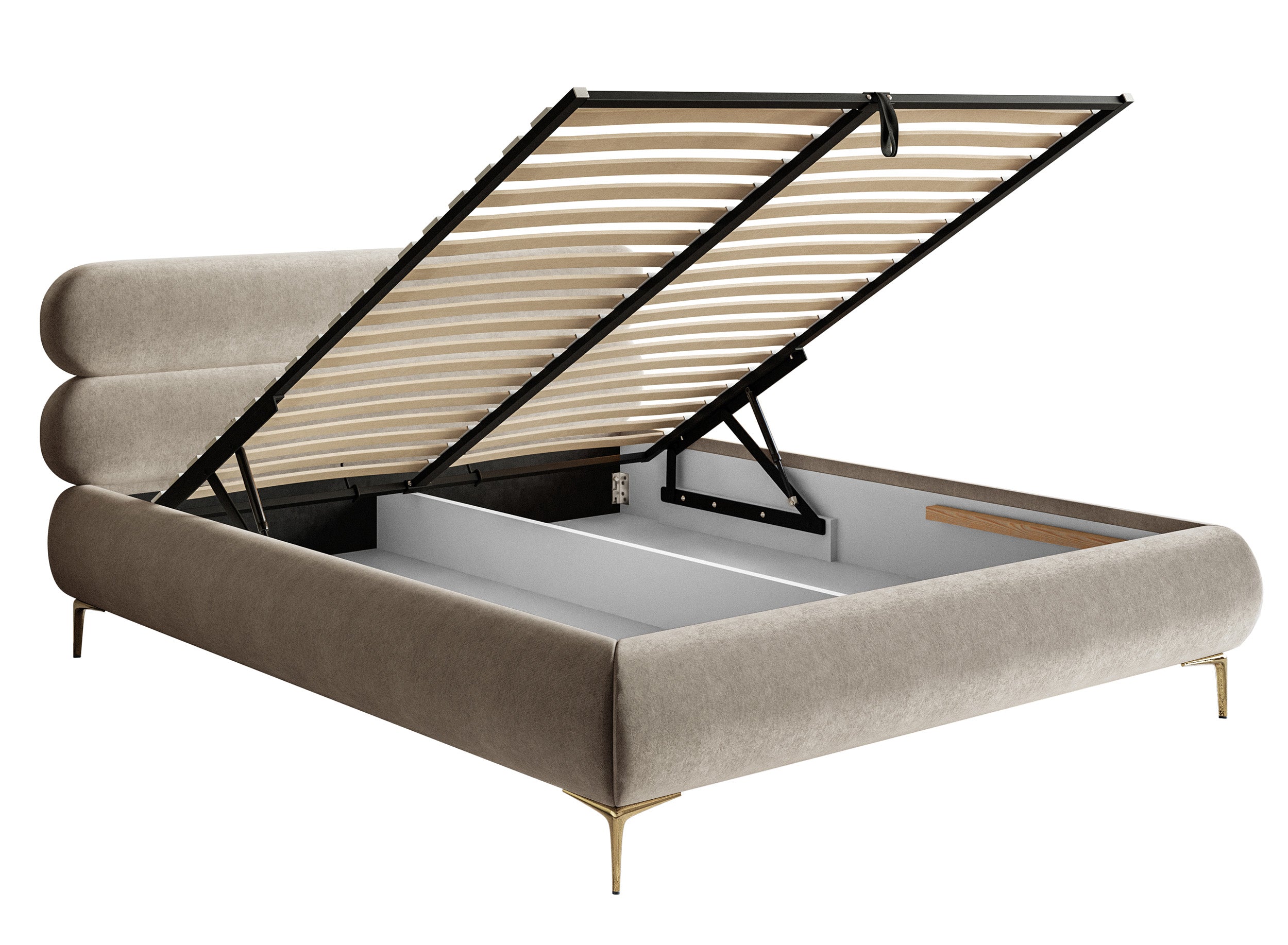 Gepolstertes Bett 160x200 cm Roule mit Stauraum, Metallrahmen, hellbeiger Samt mit wasserabweisender Beschichtung, goldene Füße
