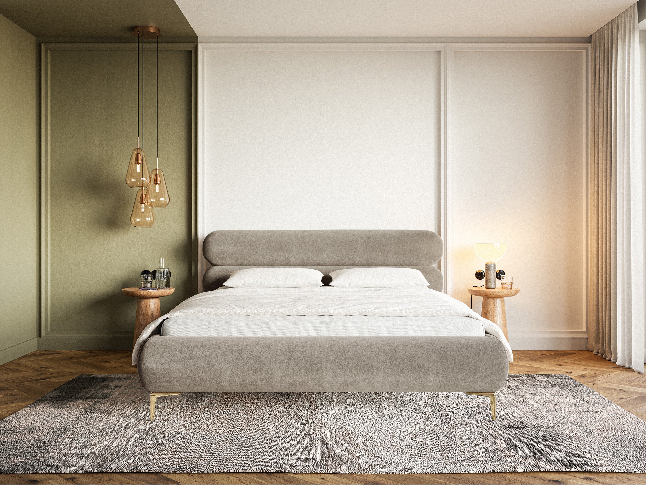 Gepolstertes Bett 160x200 cm Roule mit Stauraum, Metallrahmen, hellbeiger Samt mit wasserabweisender Beschichtung, goldene Füße