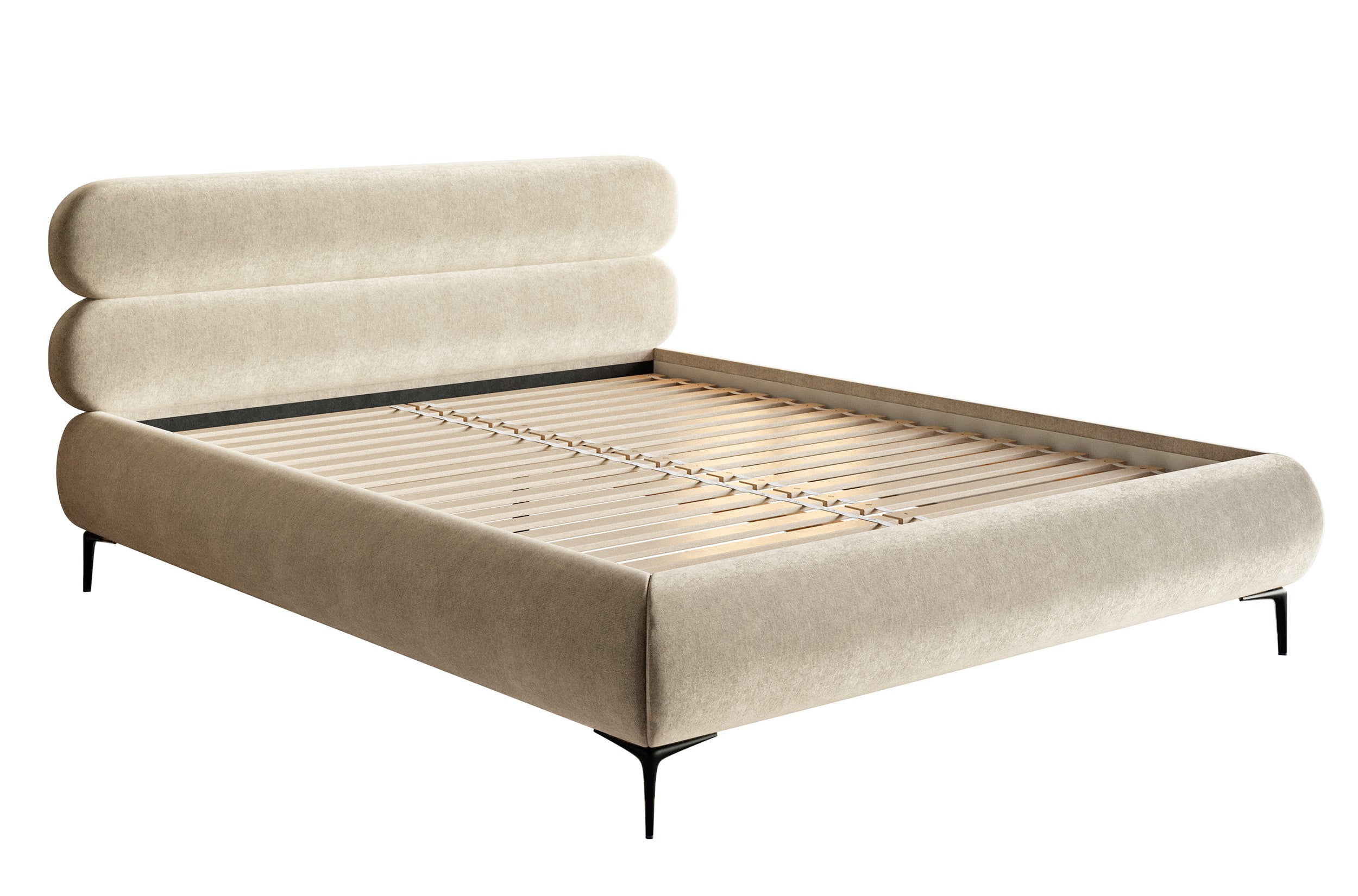 Polsterbett 160x200 cm Roule hellbeige Velours, wasserabweisend, schwarze Füße