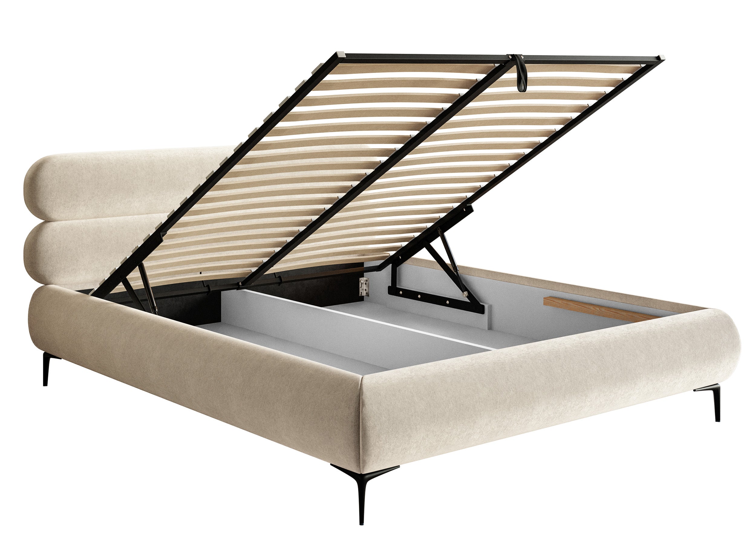 Polsterbett 180x200 cm Roule mit Stauraum, Metallrahmen, hellbeiger Veloursstoff, wasserabweisend, schwarze Beine