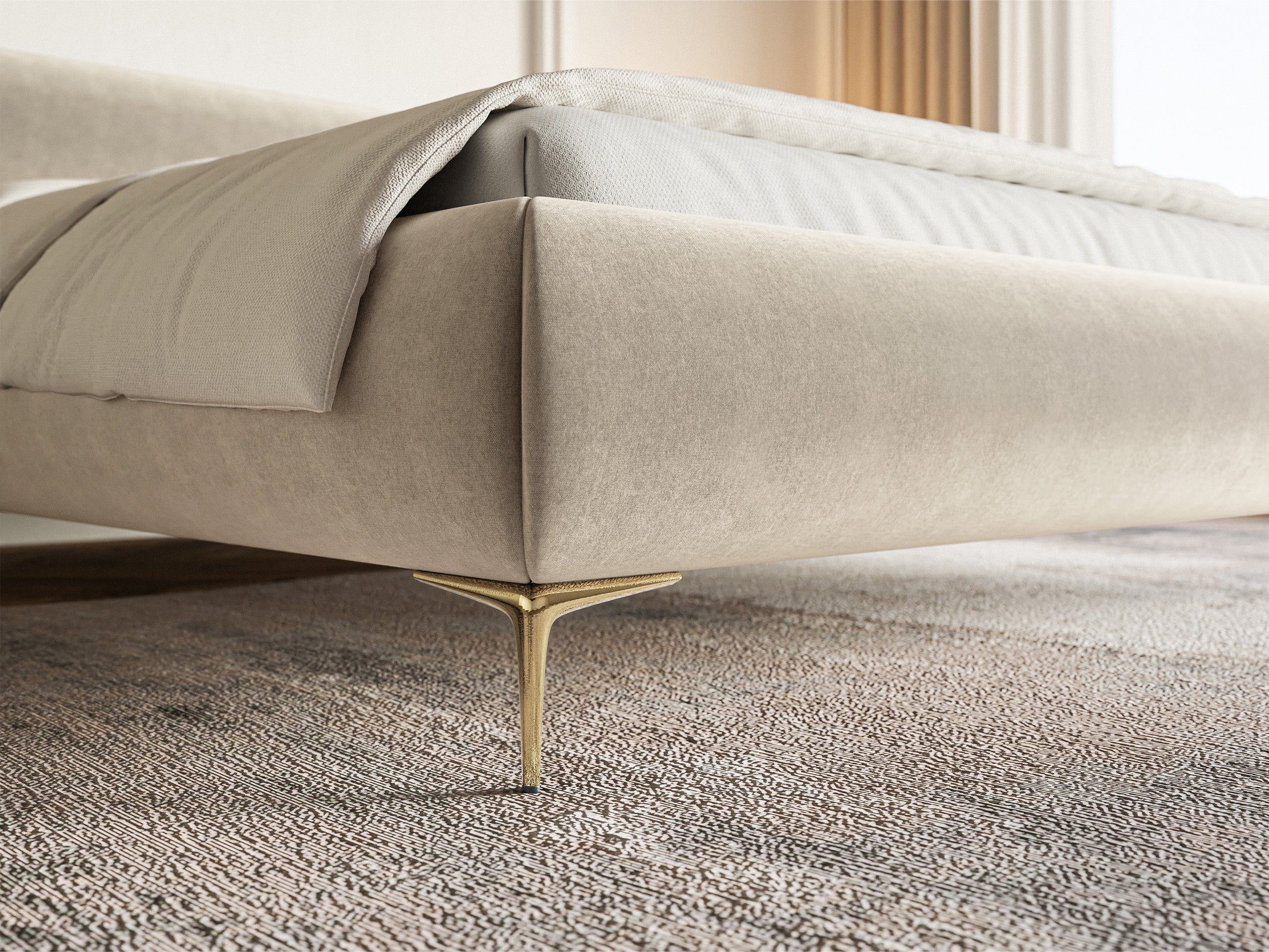 Polsterbett 160x200 cm Roule hellbeige Velours, wasserabweisend, goldene Beine