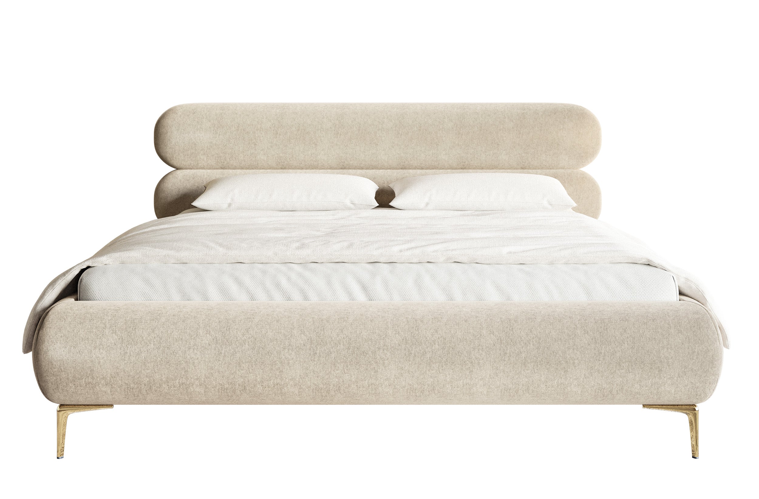 Polsterbett 160x200 cm Roule hellbeige Velours, wasserabweisend, goldene Beine