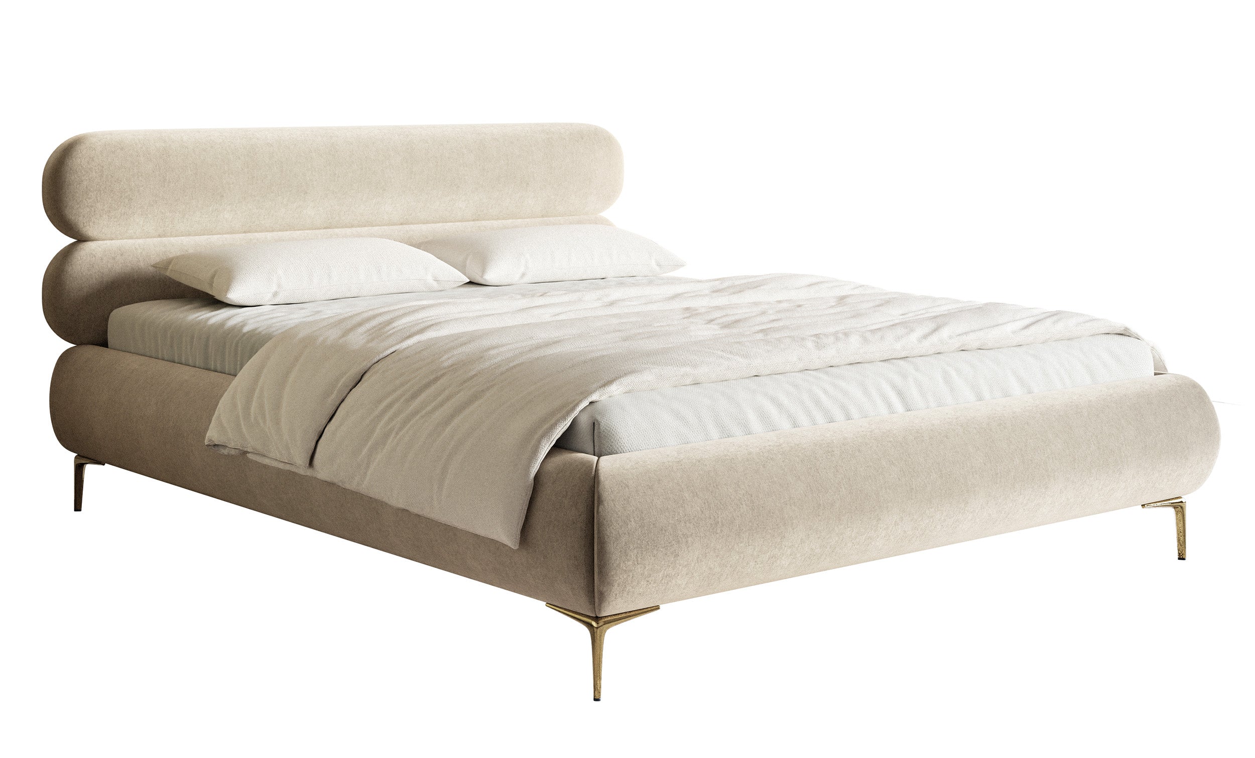 Polsterbett 160x200 cm Roule hellbeige Velours, wasserabweisend, goldene Beine