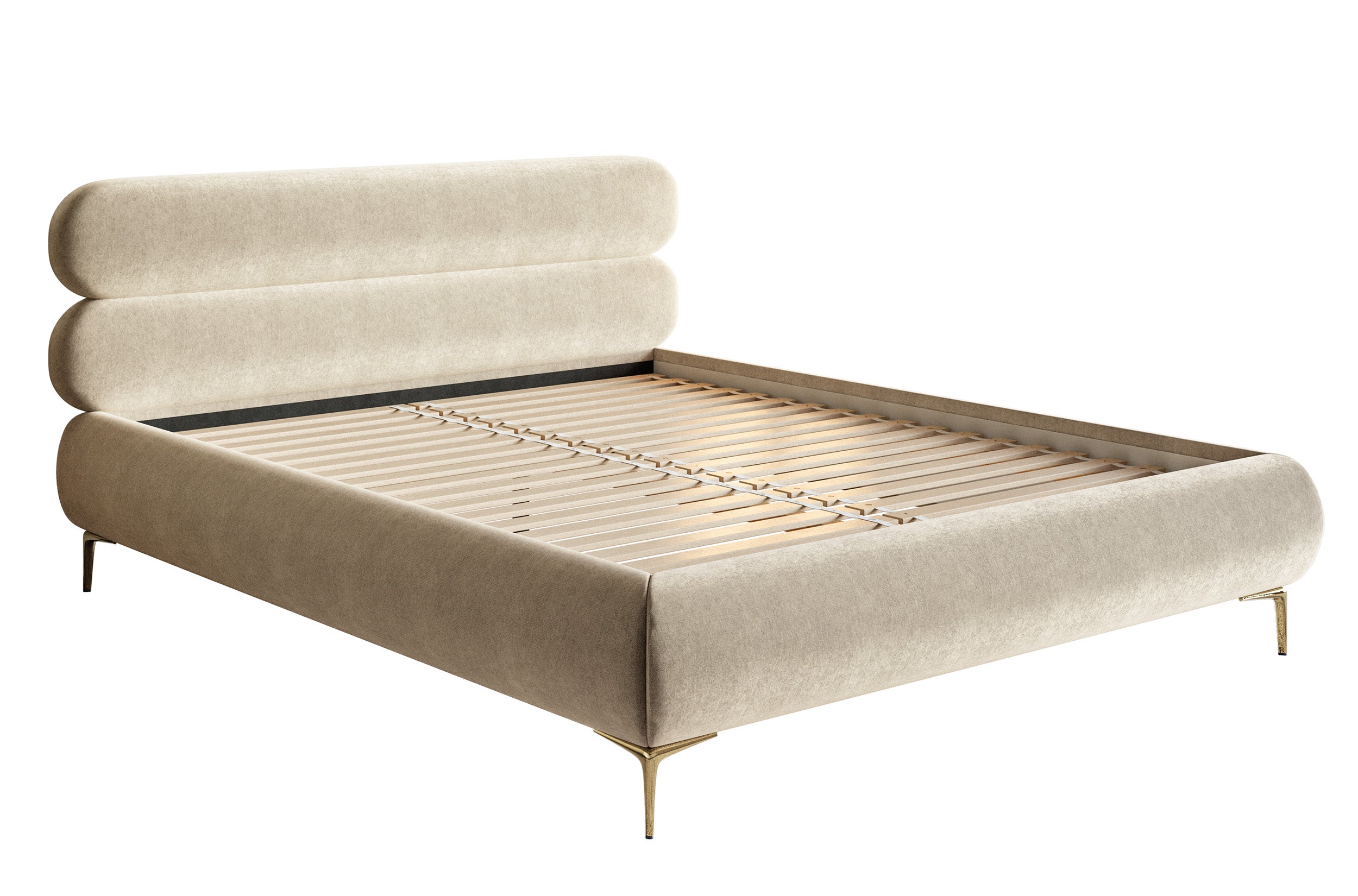 Polsterbett 160x200 cm Roule hellbeige Velours, wasserabweisend, goldene Beine