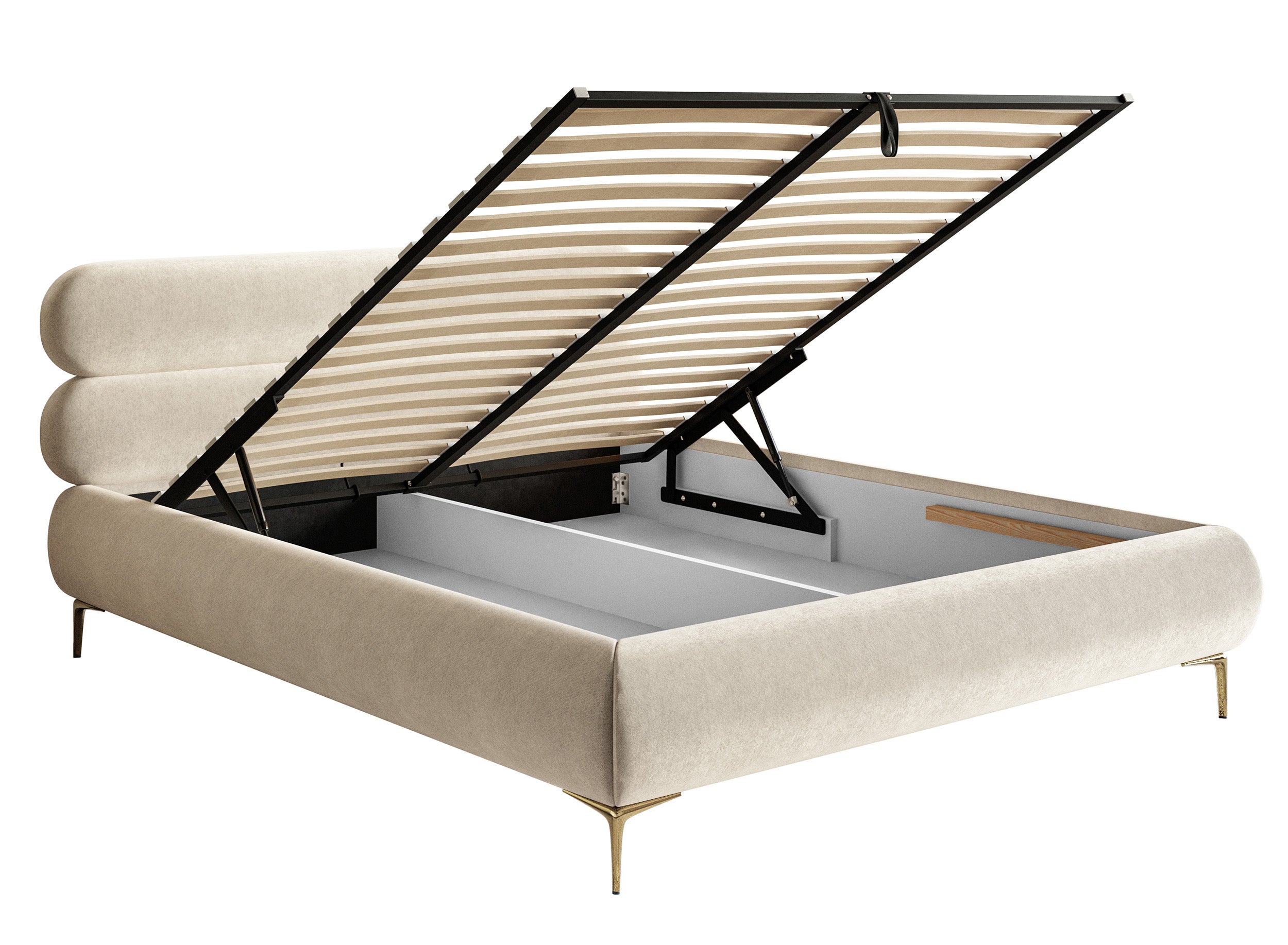 Polsterbett 140x200 cm Roule mit Stauraum, Metallrahmen, hellbeiger hydrophober Samt, goldene Beine