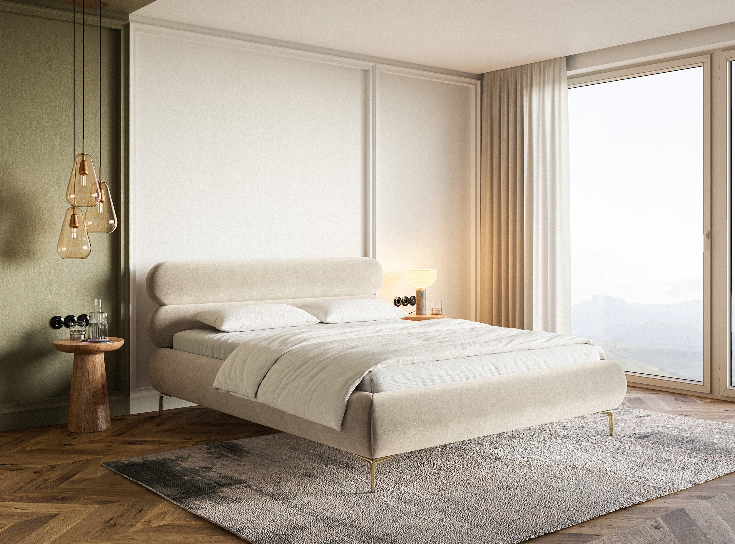 Polsterbett 160x200 cm Roule hellbeige Velours, wasserabweisend, goldene Beine