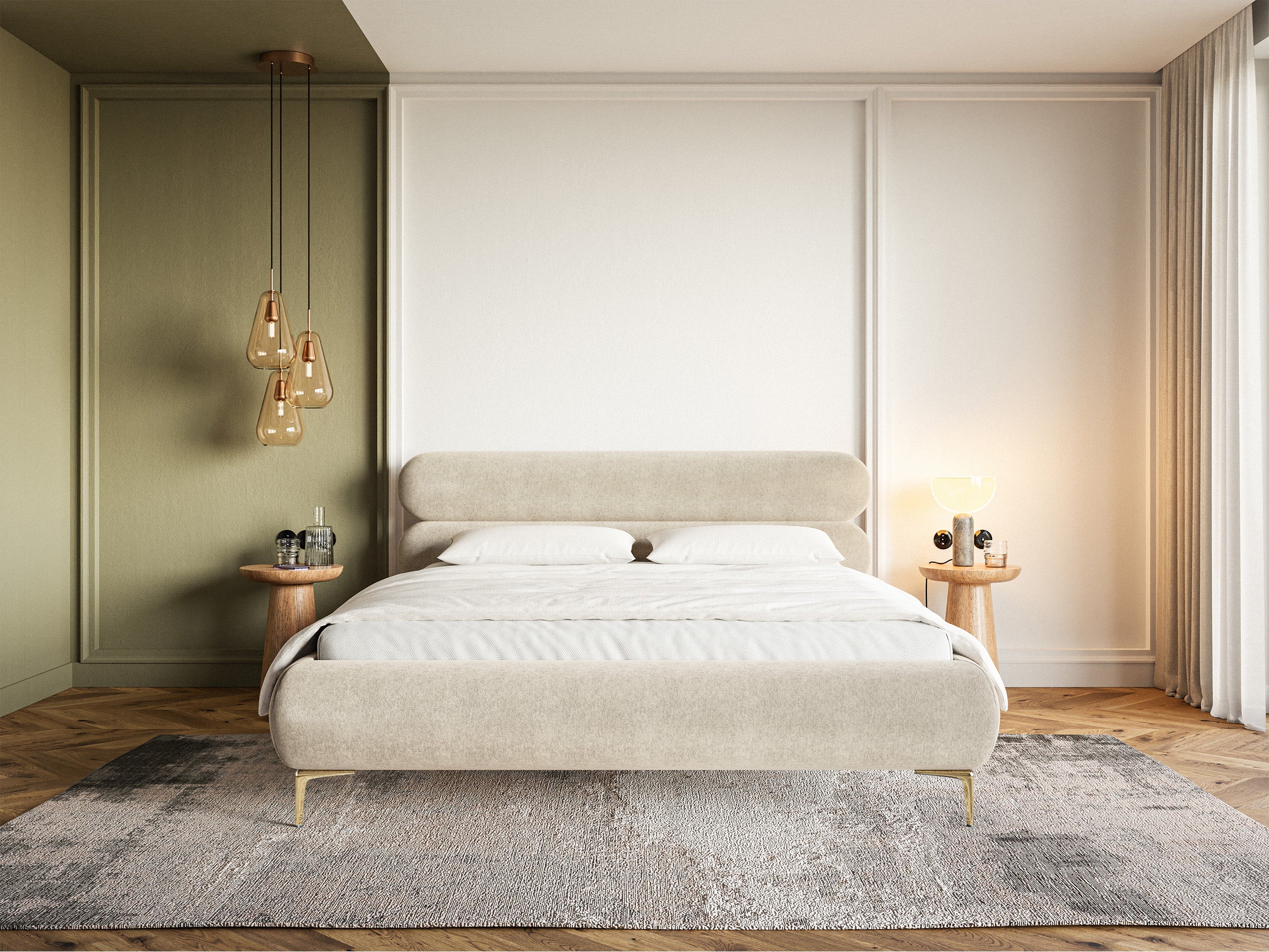 Polsterbett 160x200 cm Roule hellbeige Velours, wasserabweisend, goldene Beine