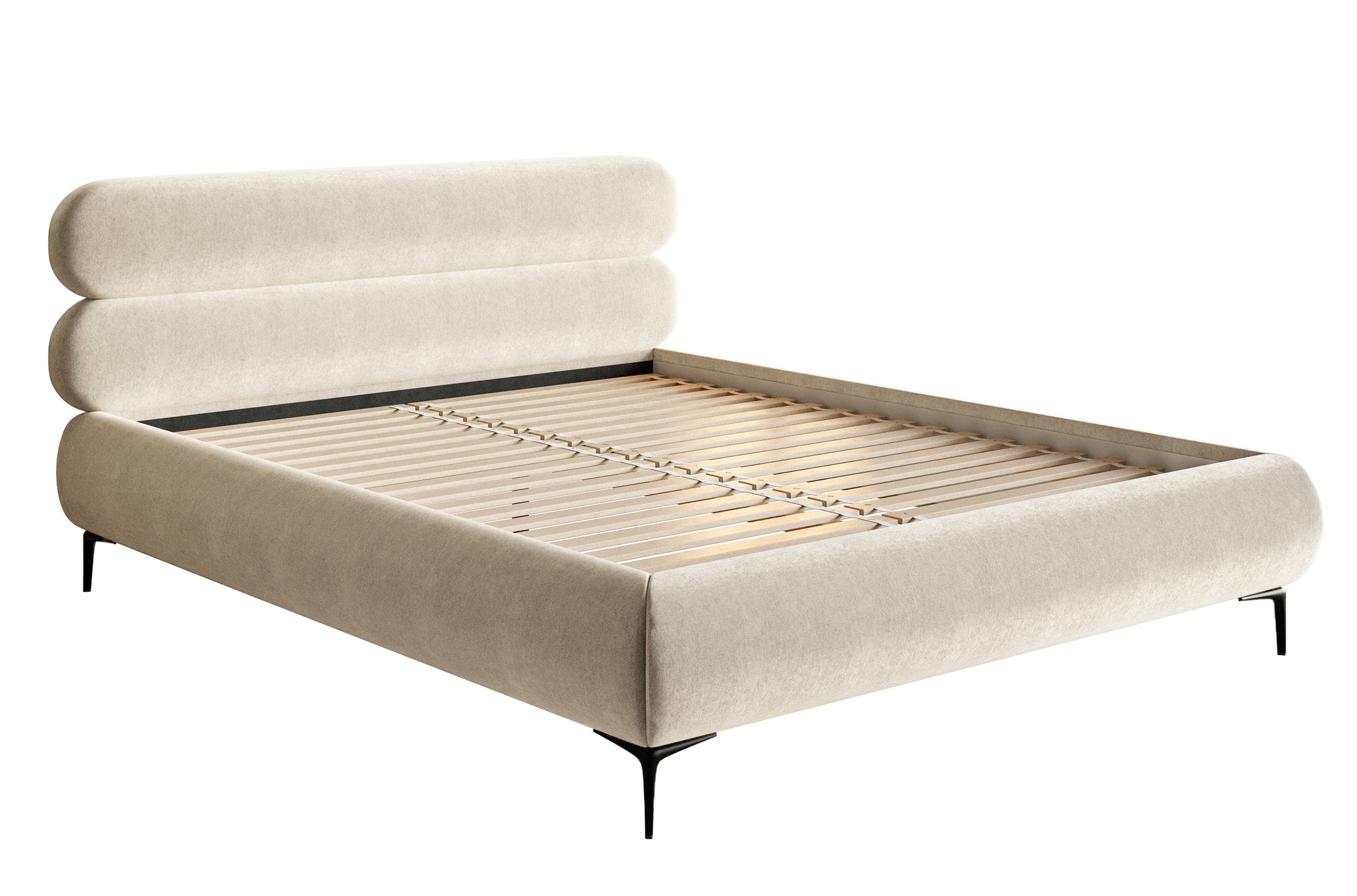 Polsterbett 180x200 cm Roule, cremefarbener Velours, wasserabweisend, schwarze Beine